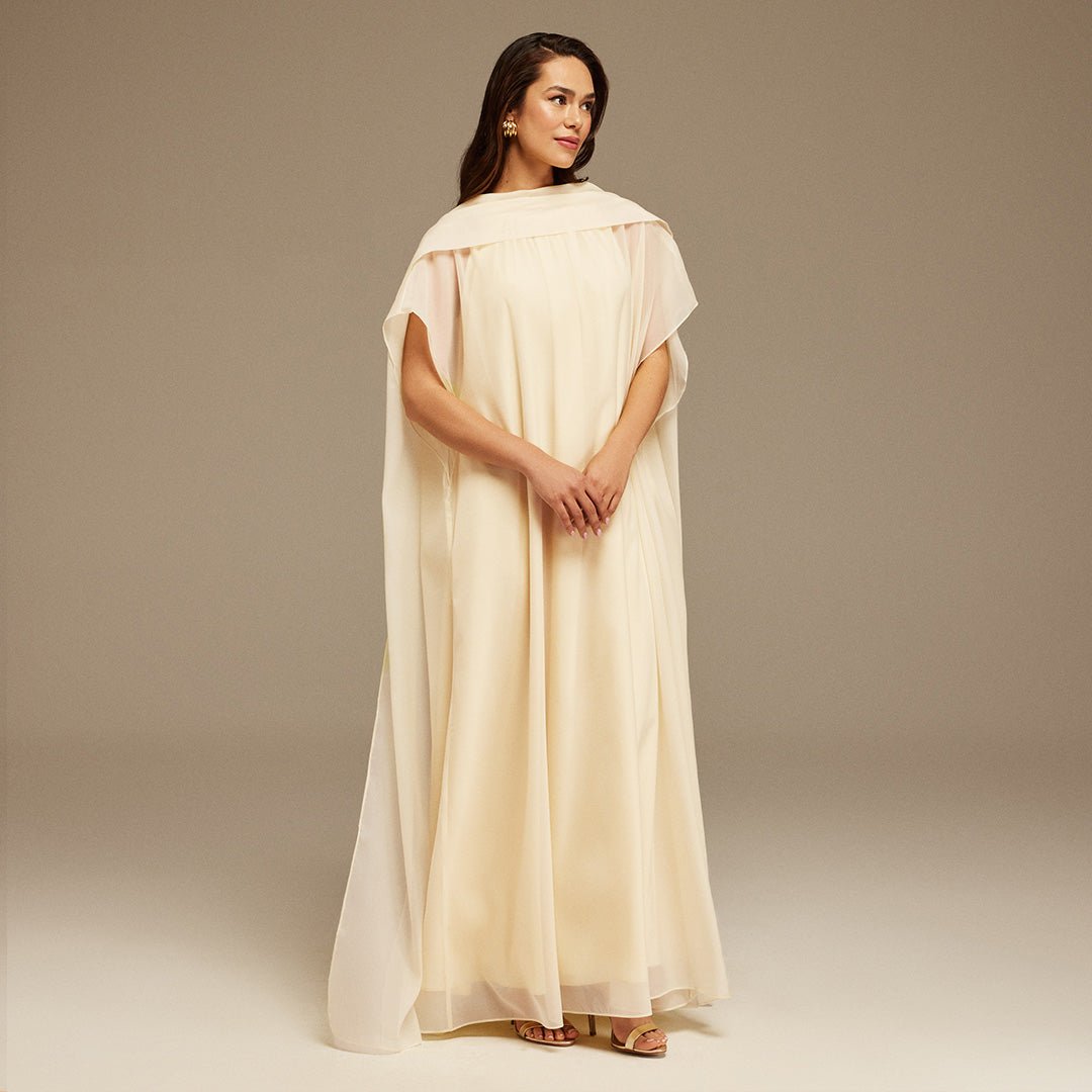 Light yellow Halter Neckline Maxi Dress With Cape with scarf - shopaleena