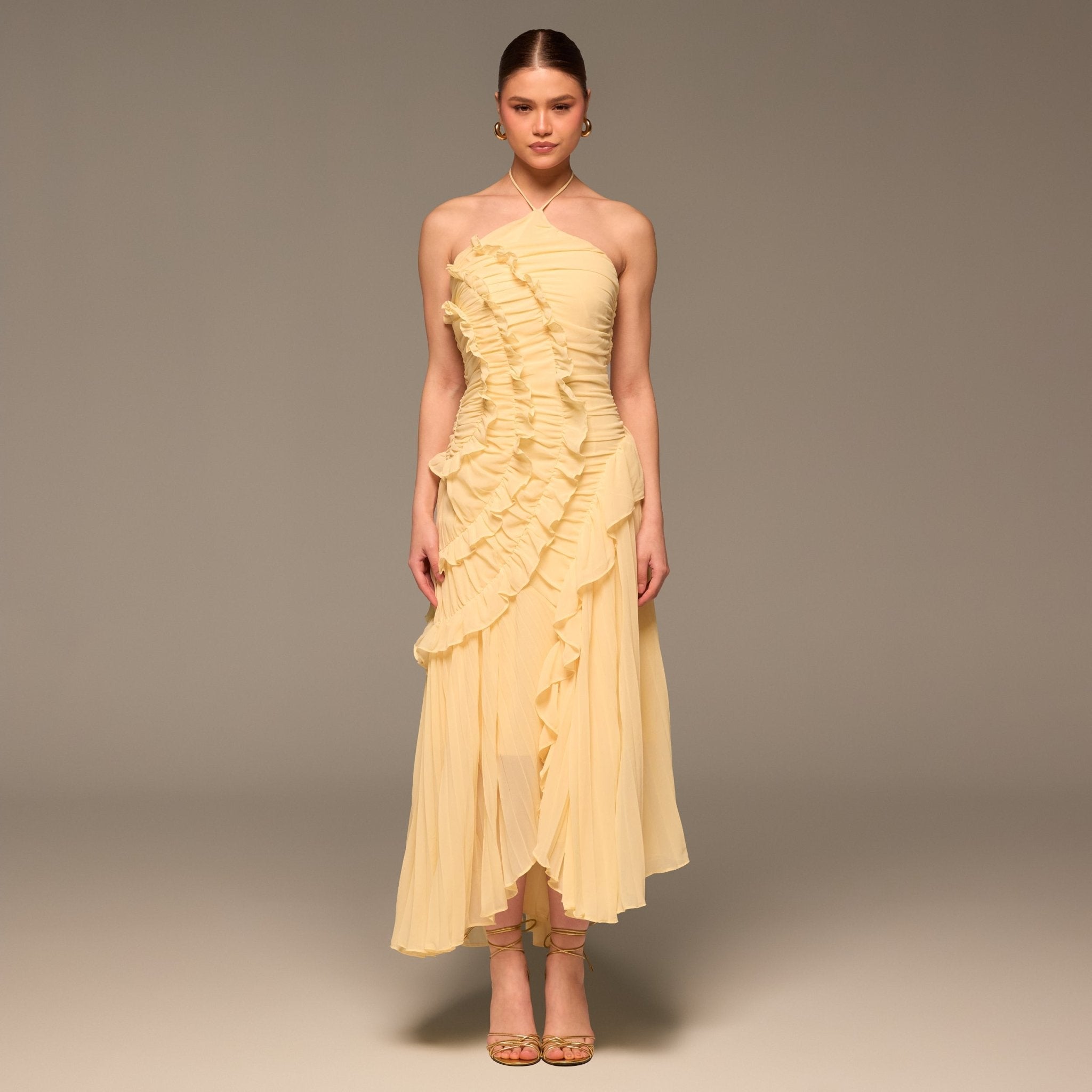 Light Yellow Halter Ruffle Chiffon Dress - shopaleena