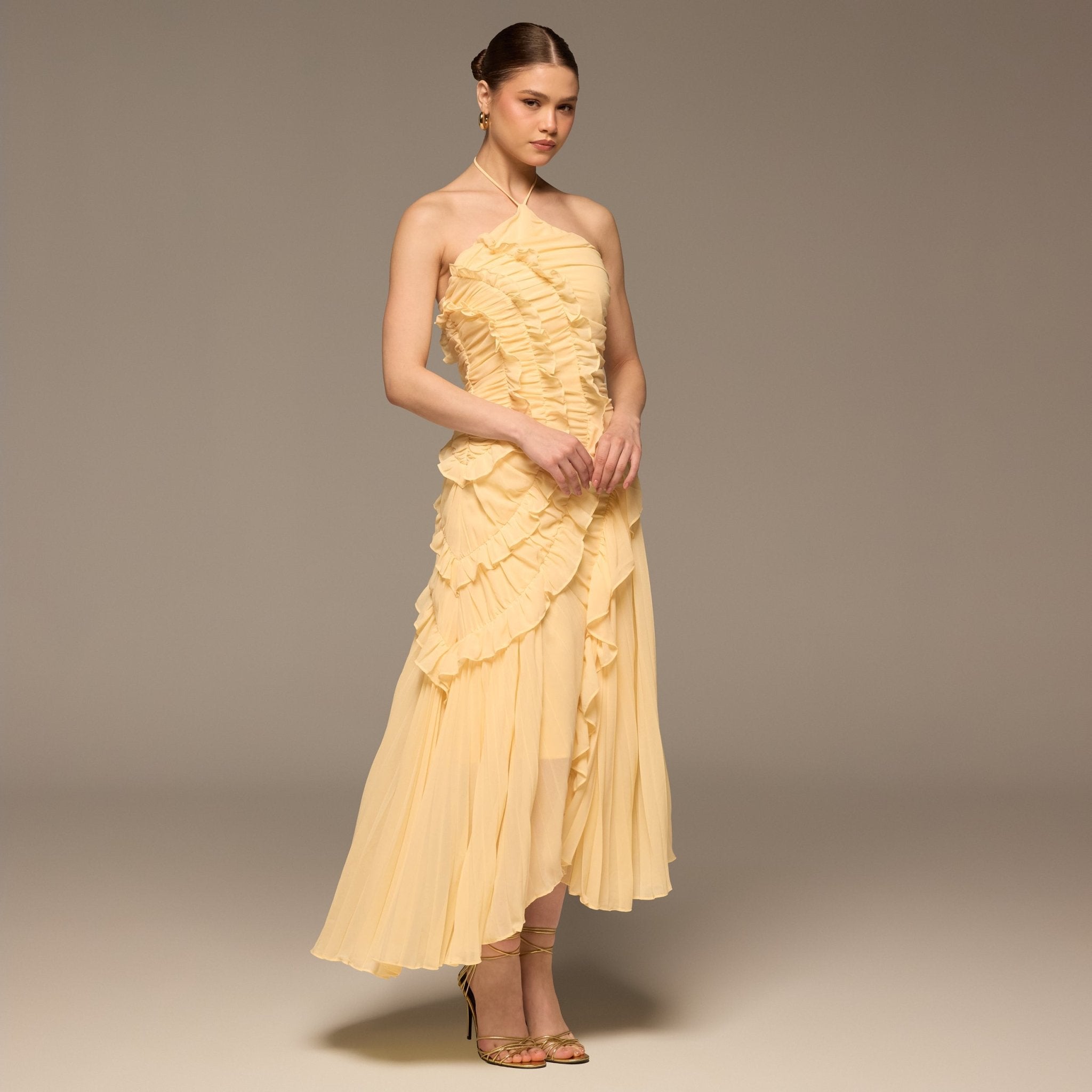 Light Yellow Halter Ruffle Chiffon Dress - shopaleena