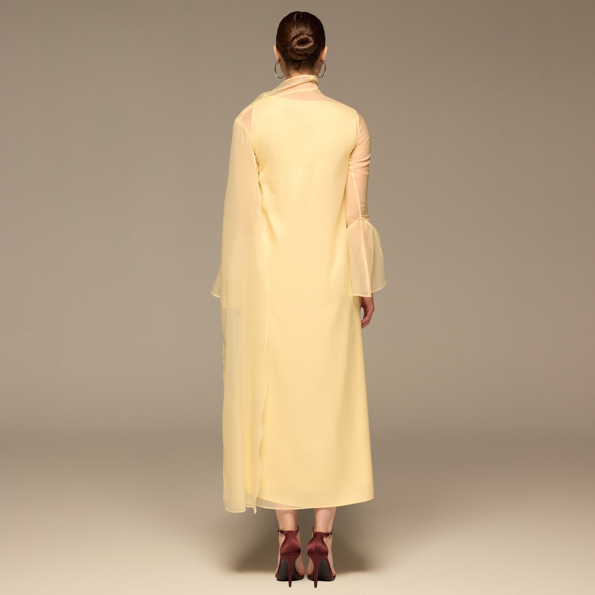 Light Yellow Satin Maxi Dress with Sheer Overlay - shopaleena