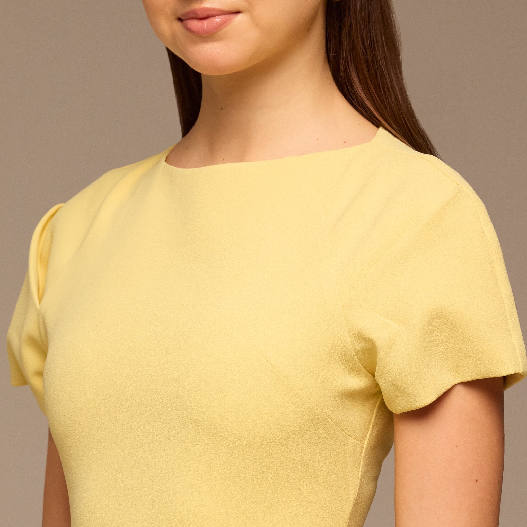 Light Yellow Short Sleeve Crepe Dress - shopaleena