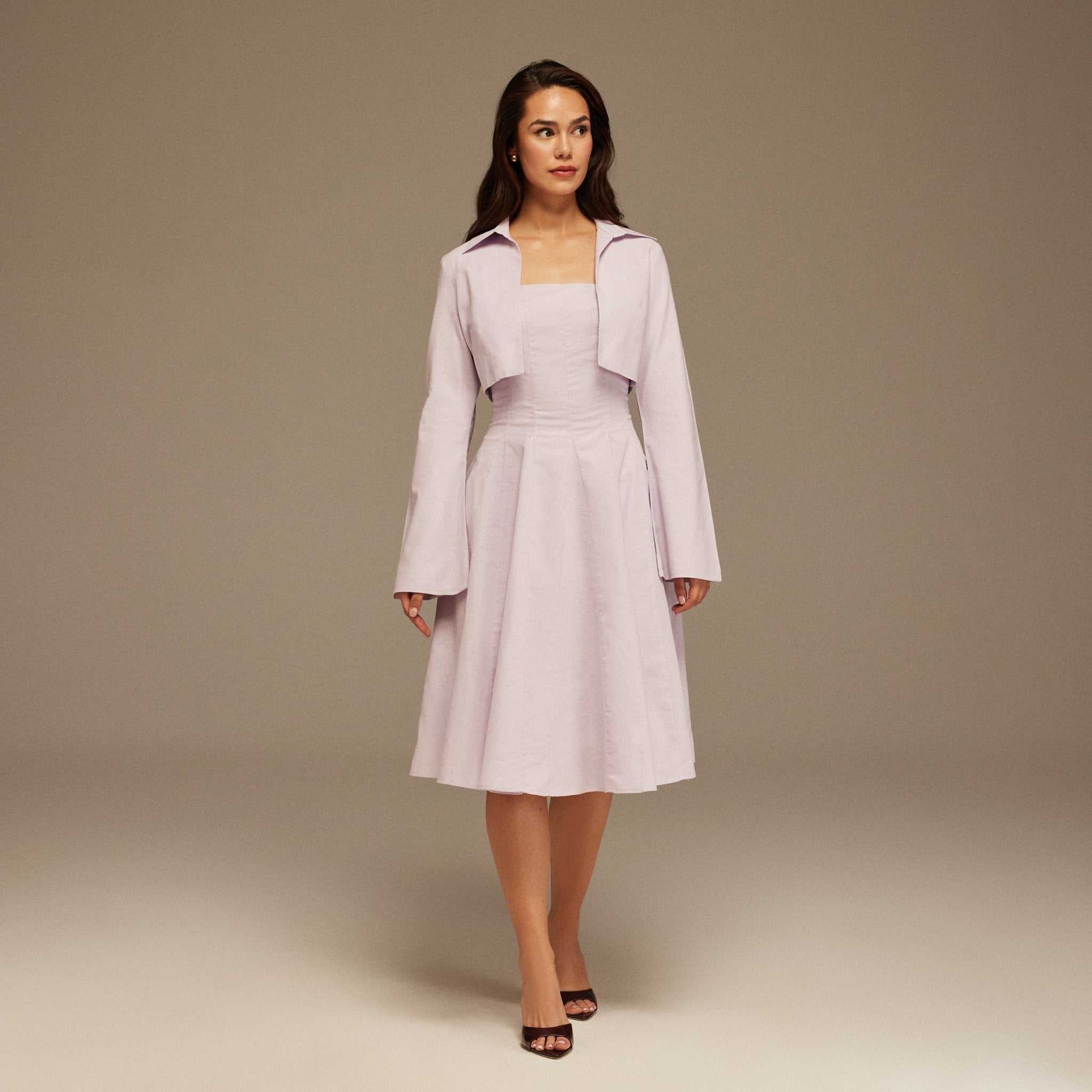 Lilac Aline Midi Dress With Short Flared Long Sleeve Jacket - shopaleena