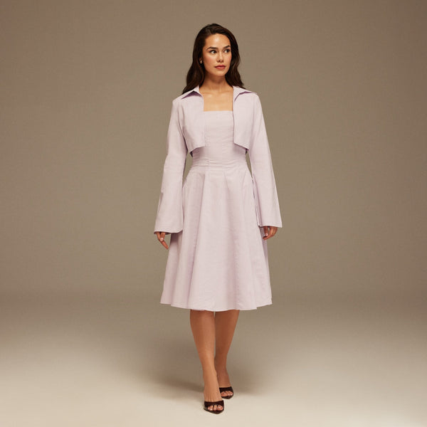 lilac long sleeve midi dress Lilac Aline Midi Dress With Short Flared Long Sleeve Jacket – shopaleena