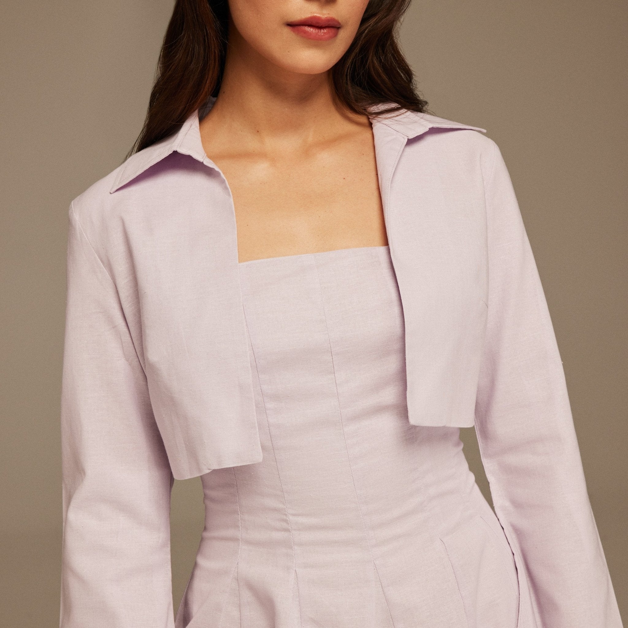 Lilac Aline Midi Dress With Short Flared Long Sleeve Jacket - shopaleena