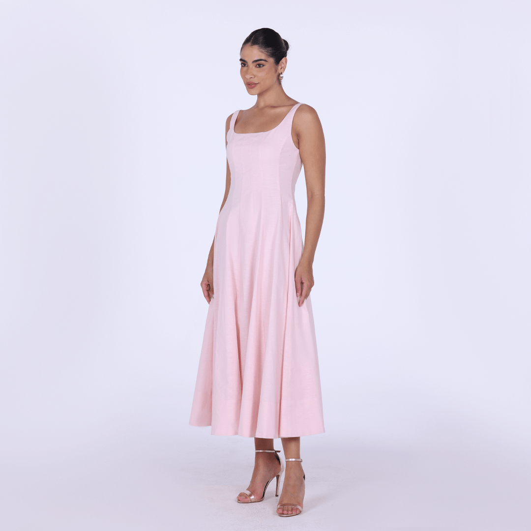 Linen Blend A - Line Midi Dress - shopaleena