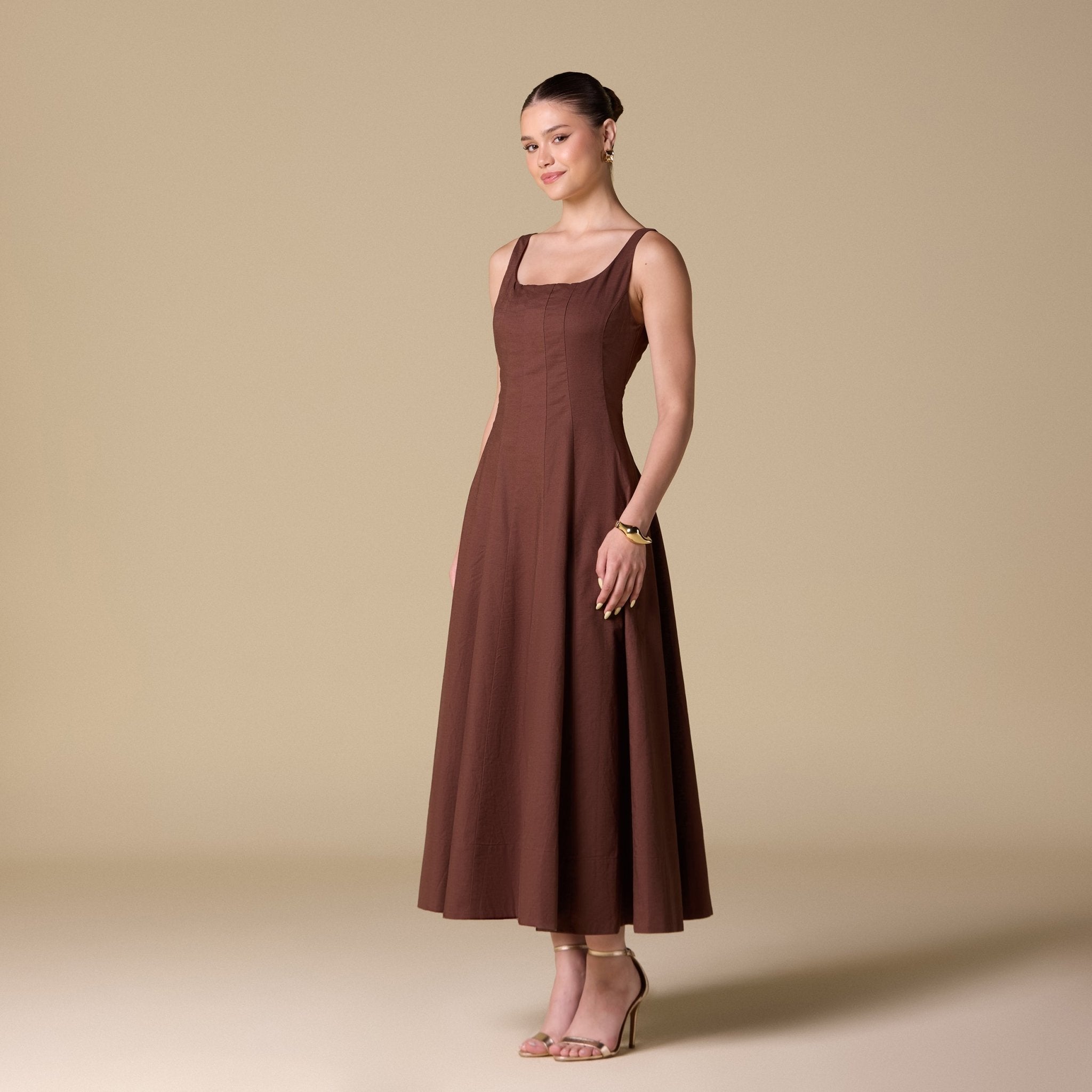 Linen Blend A - Line Midi Dress - shopaleena