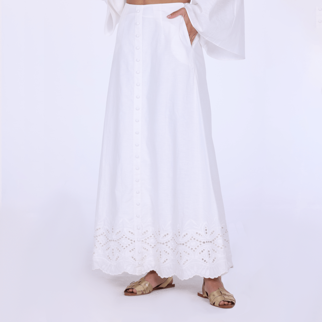 Linen - Blend A - Line Midi Skirt with Front Buttons - shopaleena