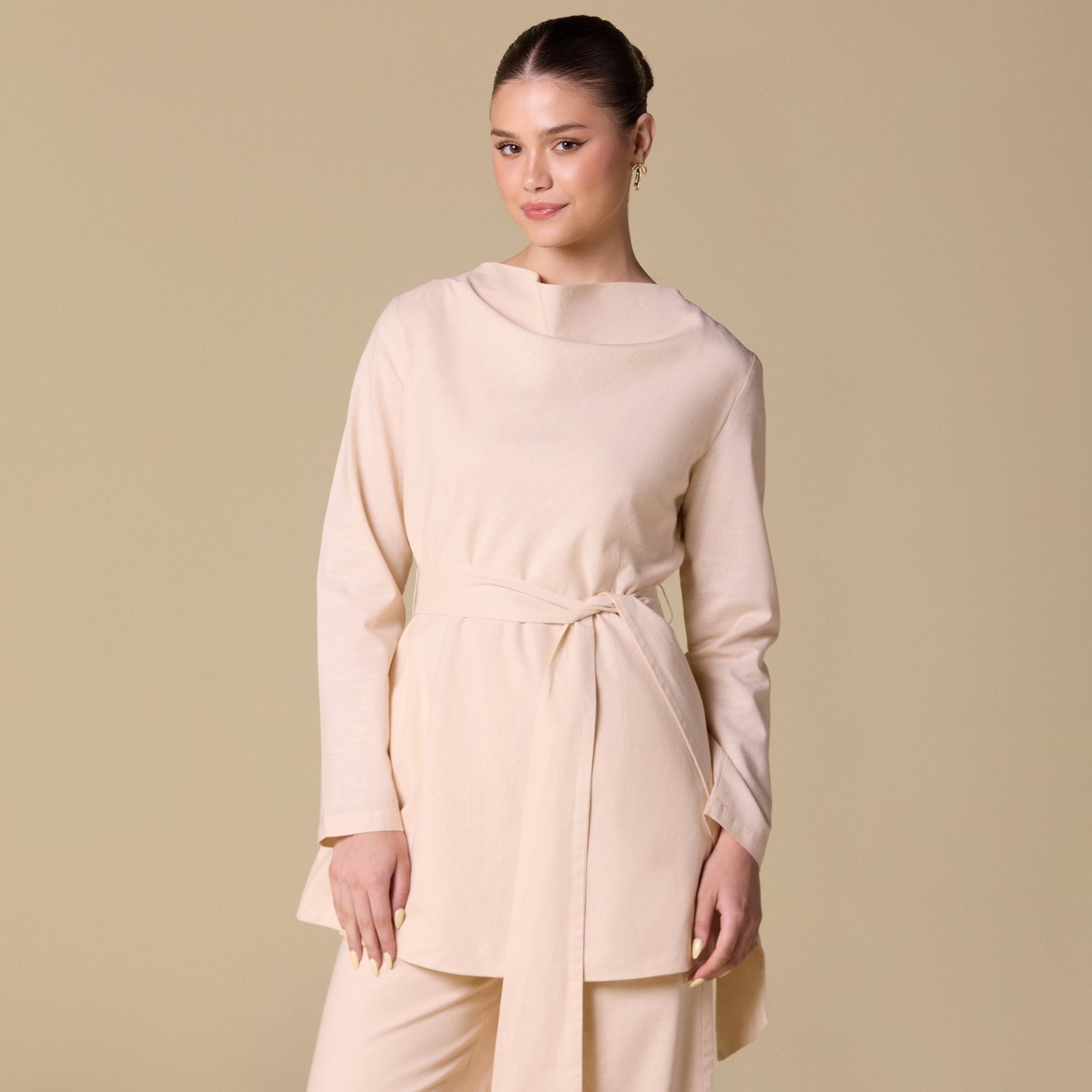 Linen Blend Boat Neck Top with Side Tie - shopaleena