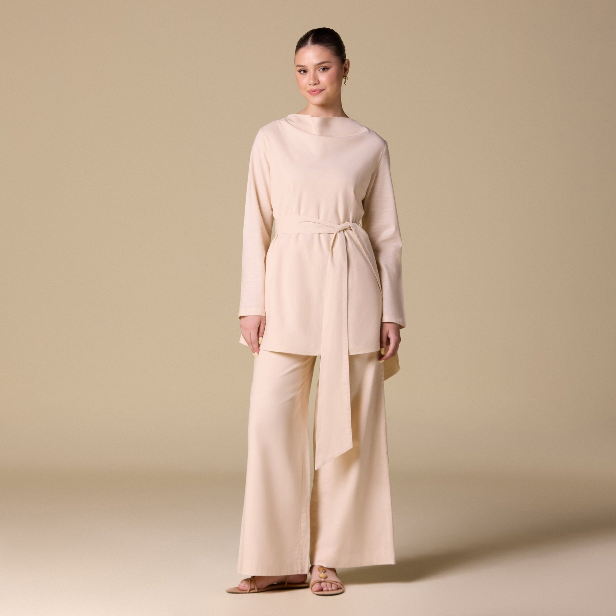 Linen Blend Boat Neck Top with Side Tie - shopaleena