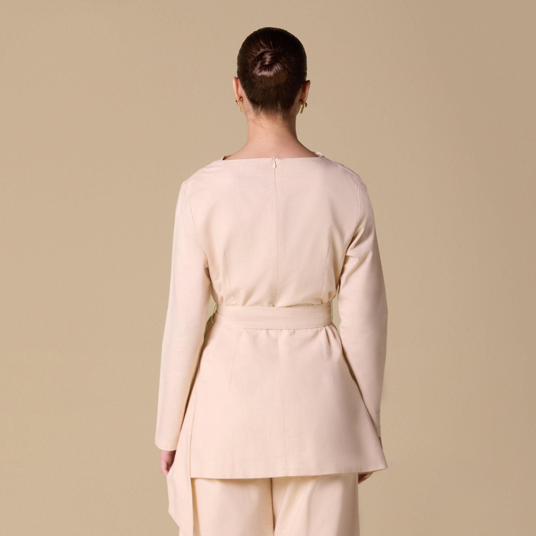 Linen Blend Boat Neck Top with Side Tie - shopaleena