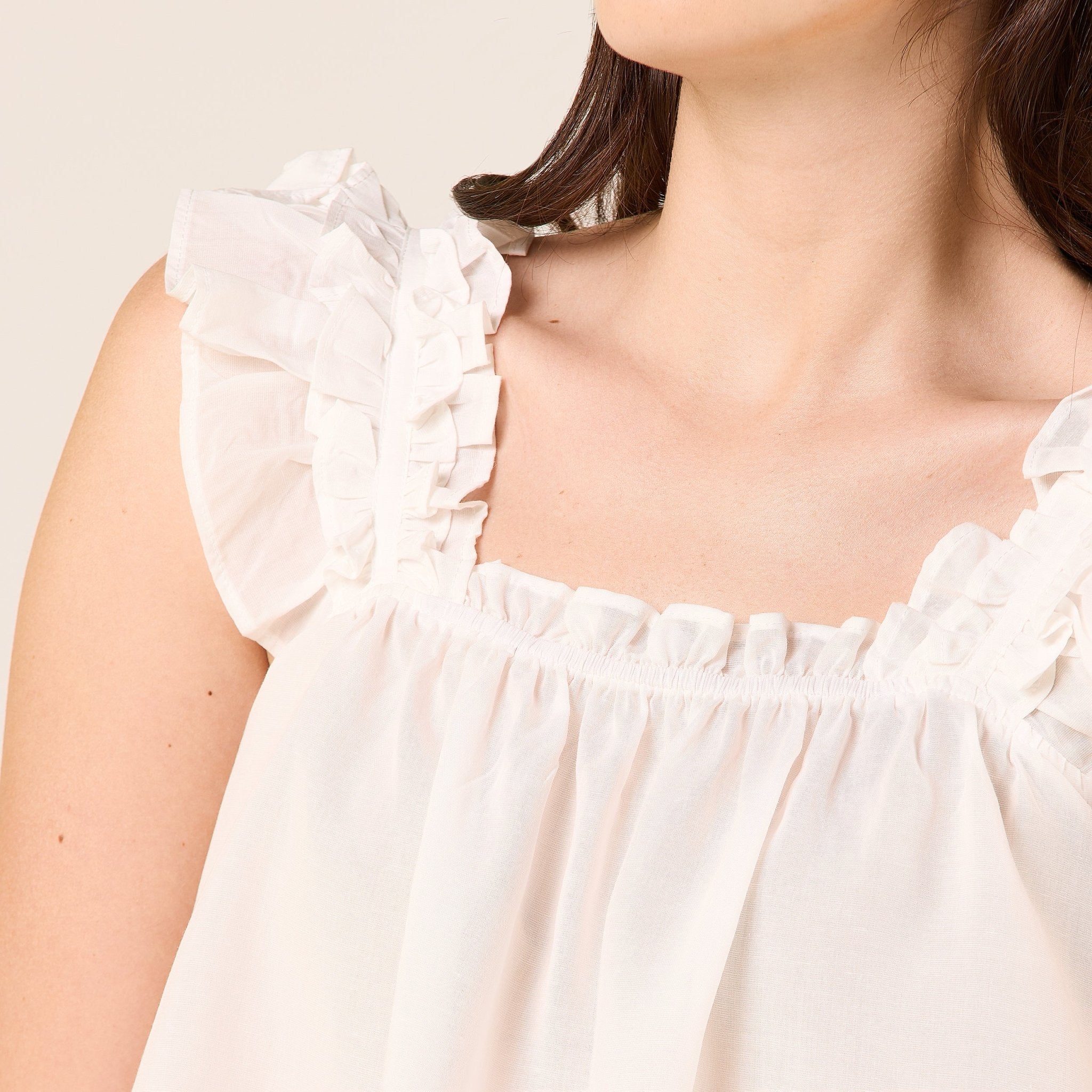 Linen Blend Frill Trim Top - shopaleena