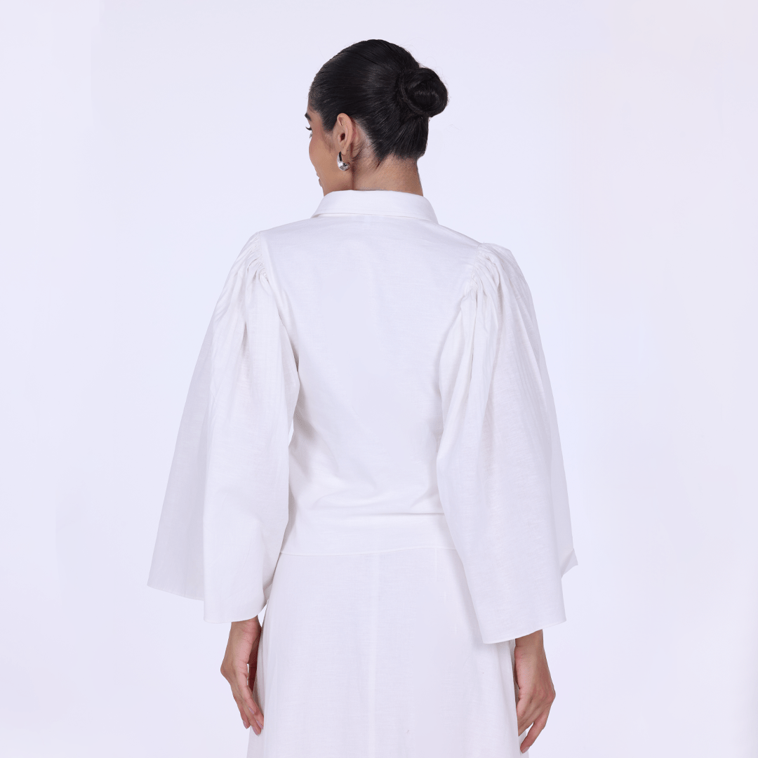 Linen - Blend Top with Pleated Sleeves - shopaleena