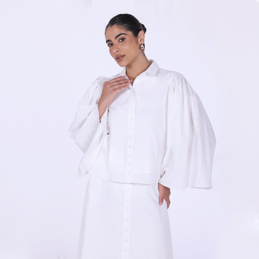 Linen - Blend Top with Pleated Sleeves - shopaleena