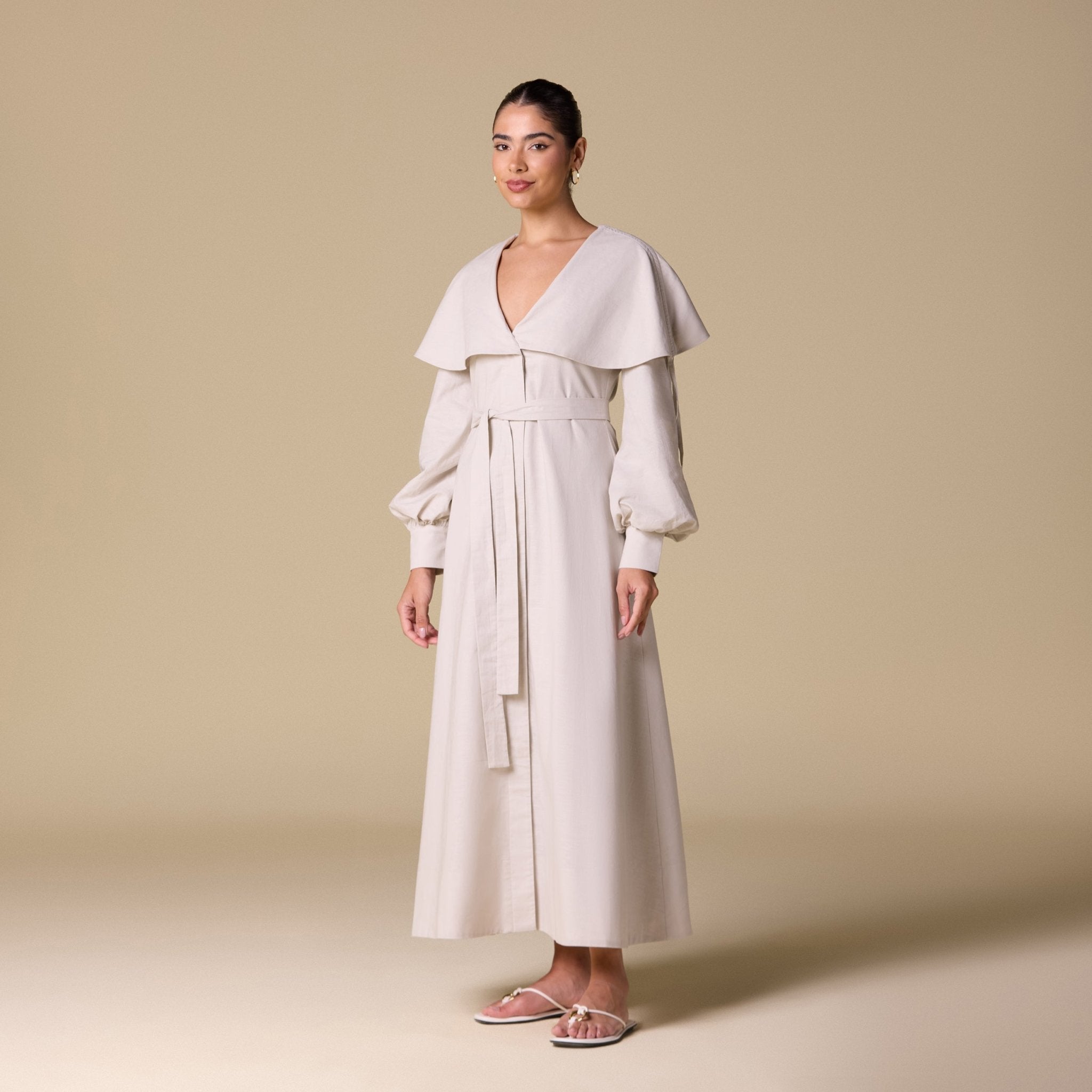 Linen Blend Wide Folded Collar Midi Dress - shopaleena