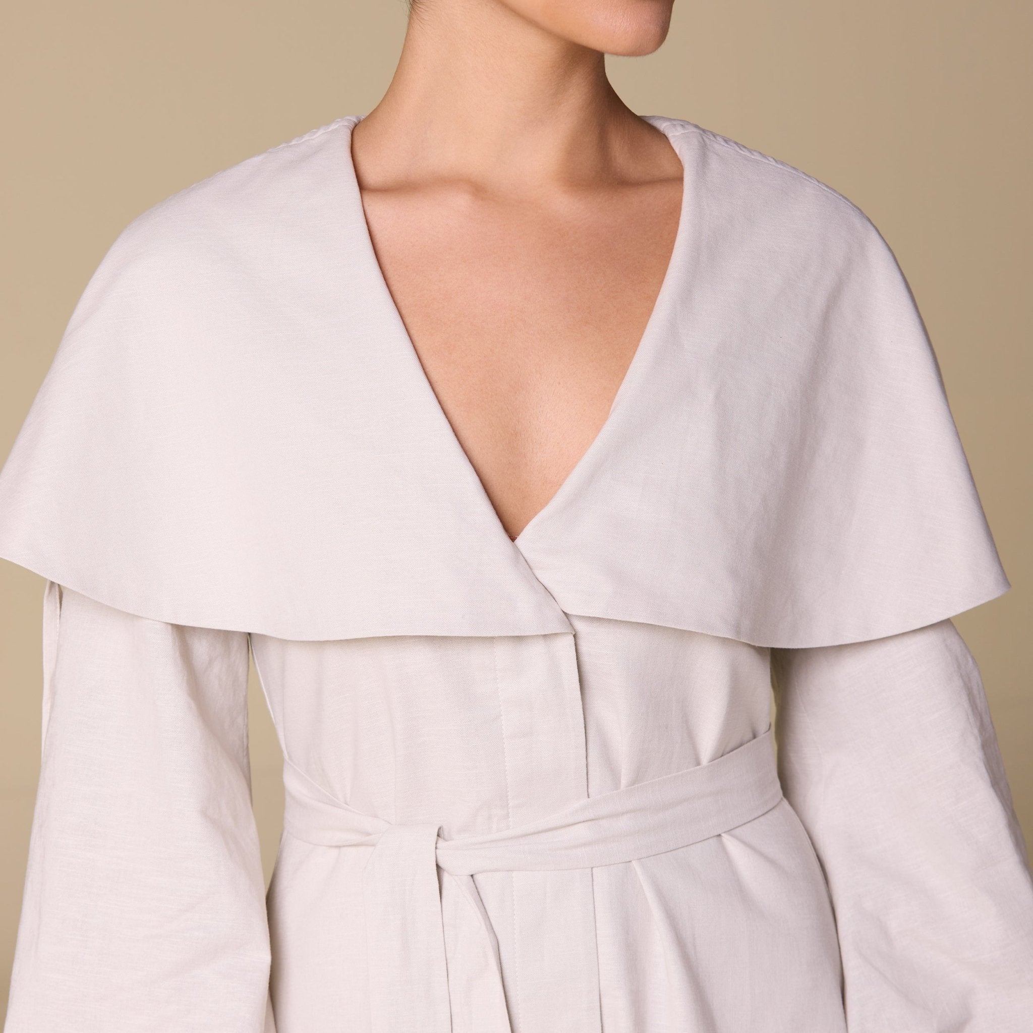 Linen Blend Wide Folded Collar Midi Dress - shopaleena