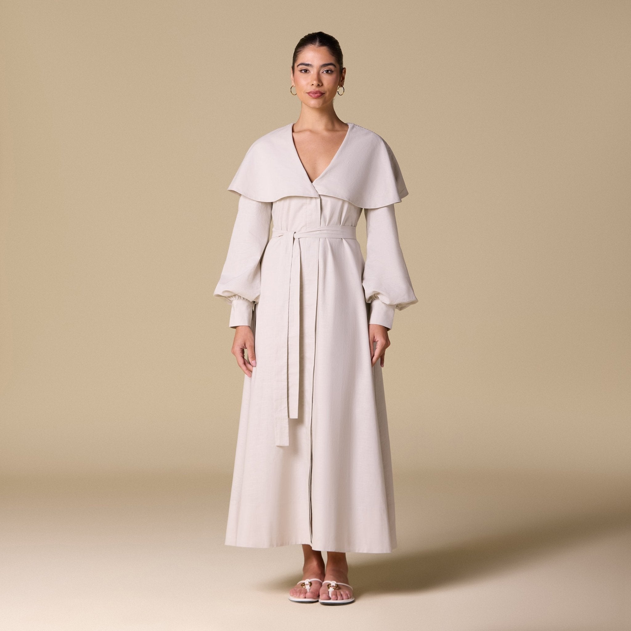 Linen Blend Wide Folded Collar Midi Dress - shopaleena