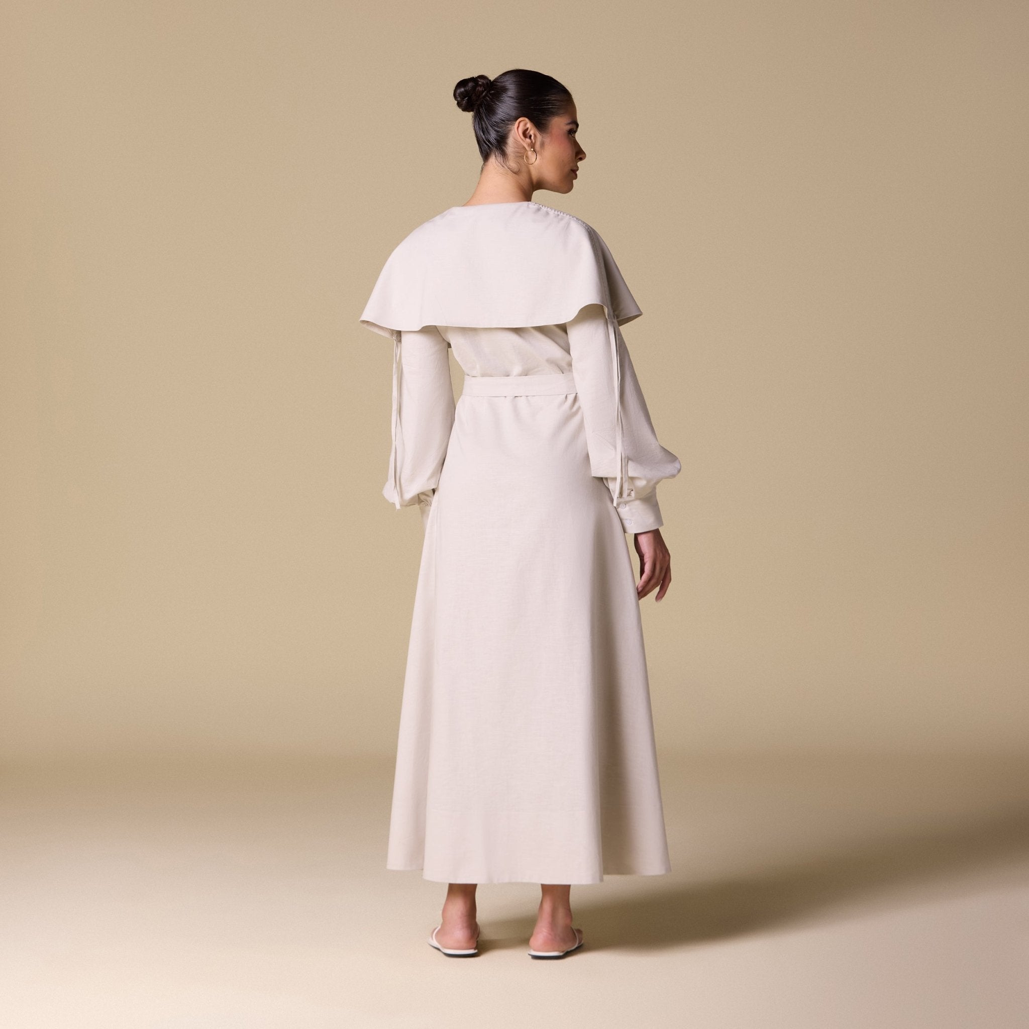 Linen Blend Wide Folded Collar Midi Dress - shopaleena