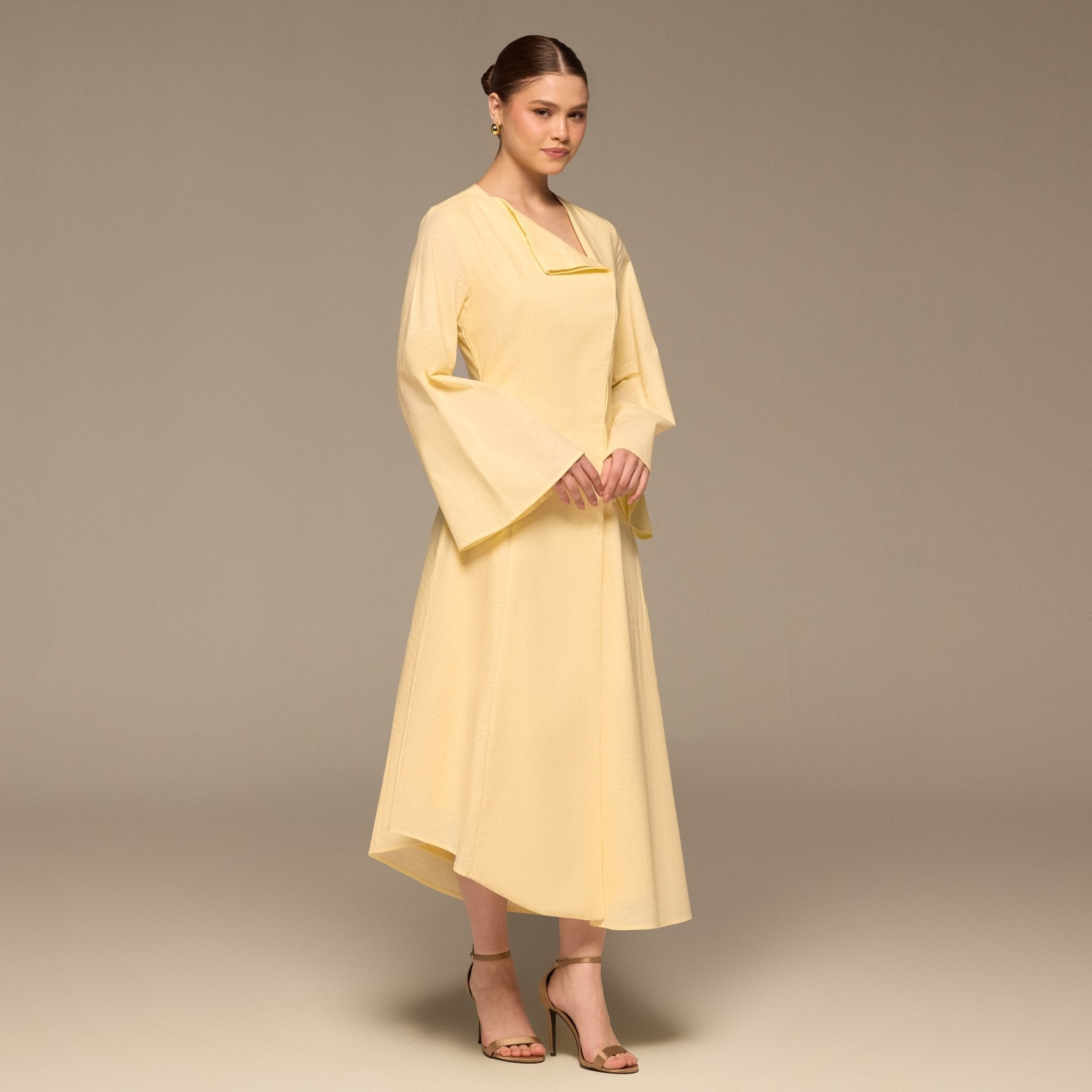 Linen Button-Front Flared Dress - shopaleena