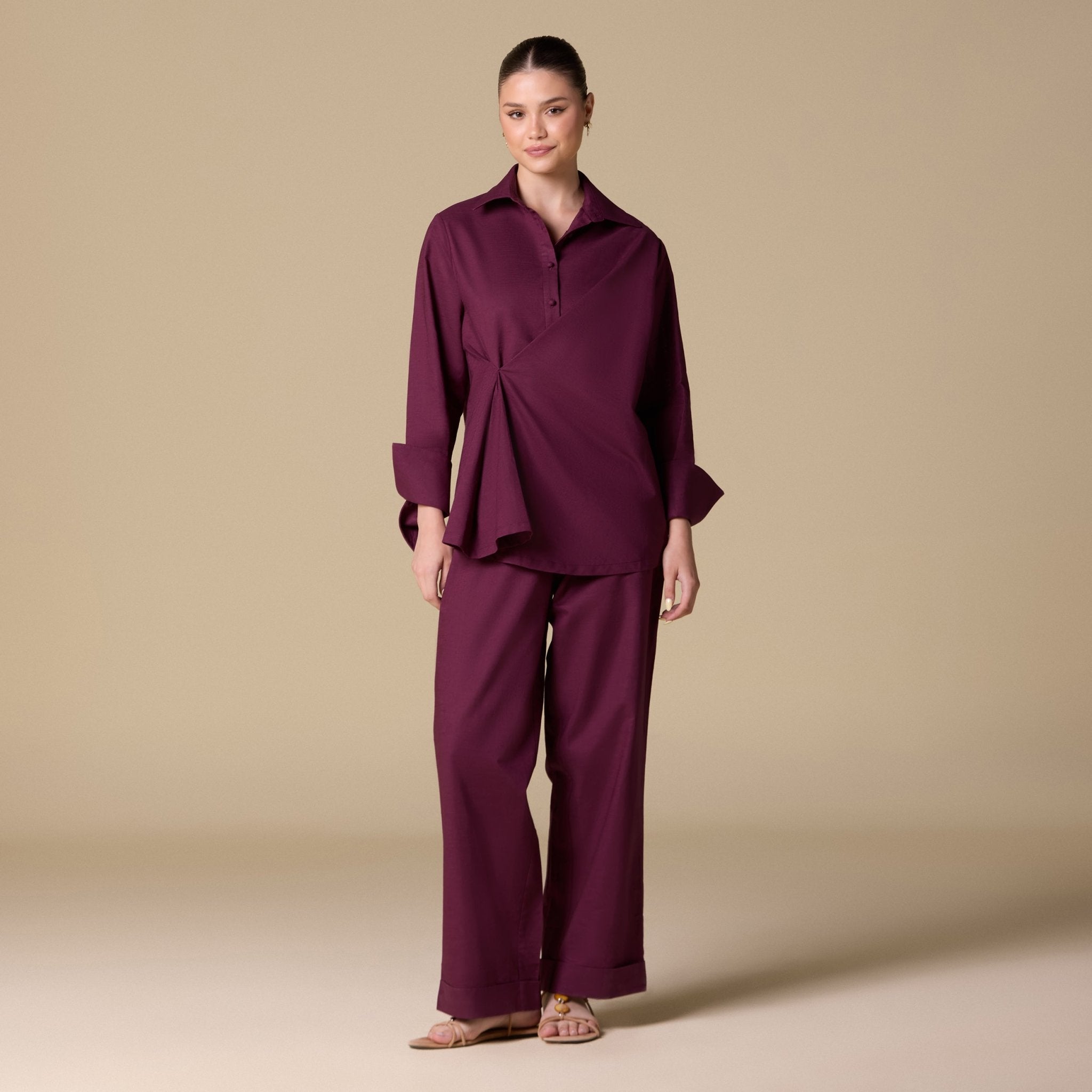 Linen Cuffed Shirt with Side Button - shopaleena