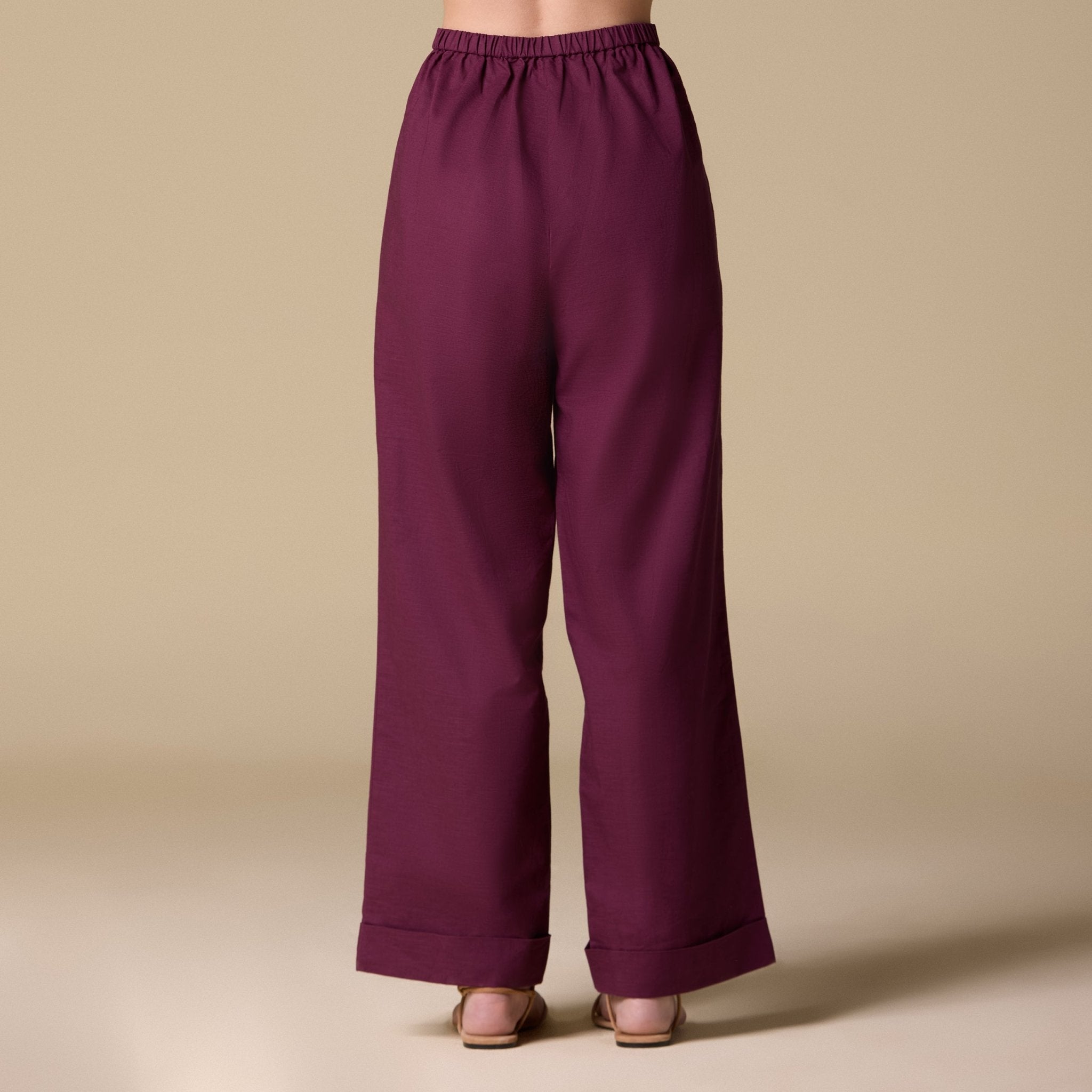 Linen Folded Hem Wide Leg Pants - shopaleena