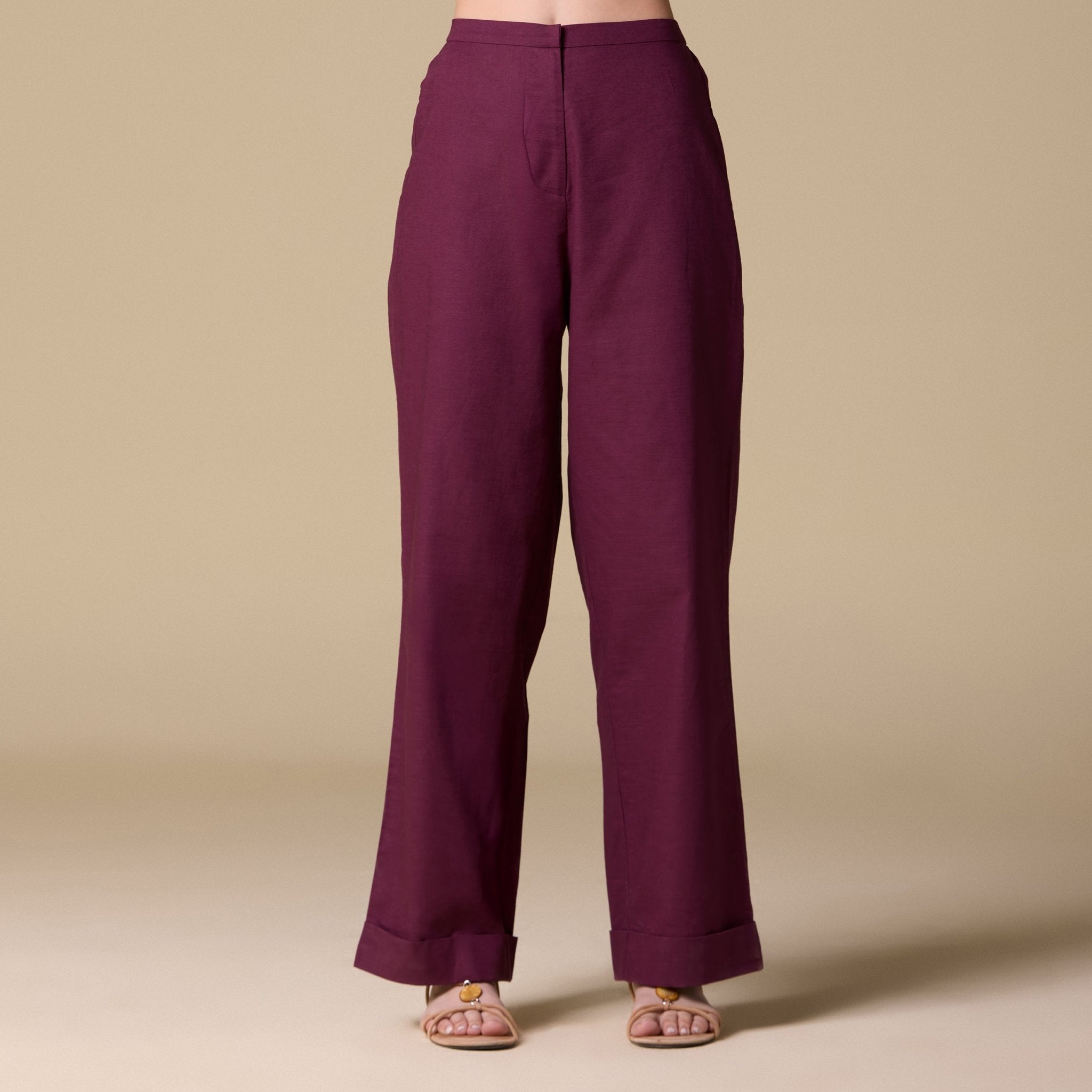 Linen Folded Hem Wide Leg Pants - shopaleena