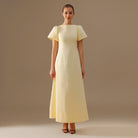 Linen Light Yellow Boat Neck Dress with Puff Sleeves and Back Bow - shopaleena