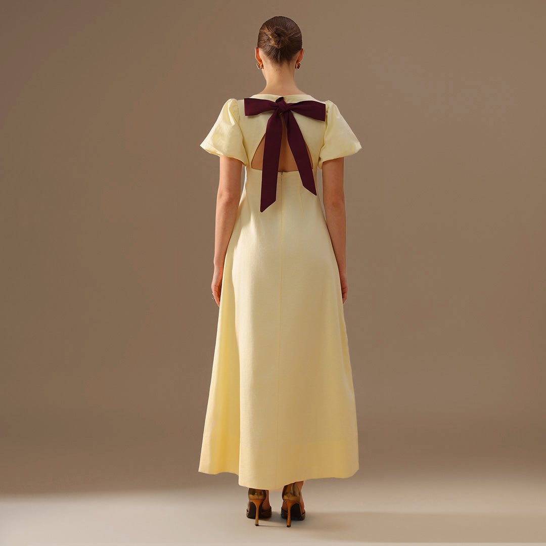 Linen Light Yellow Boat Neck Dress with Puff Sleeves and Back Bow - shopaleena