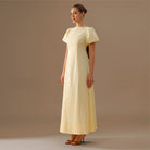 Linen Light Yellow Boat Neck Dress with Puff Sleeves and Back Bow - shopaleena