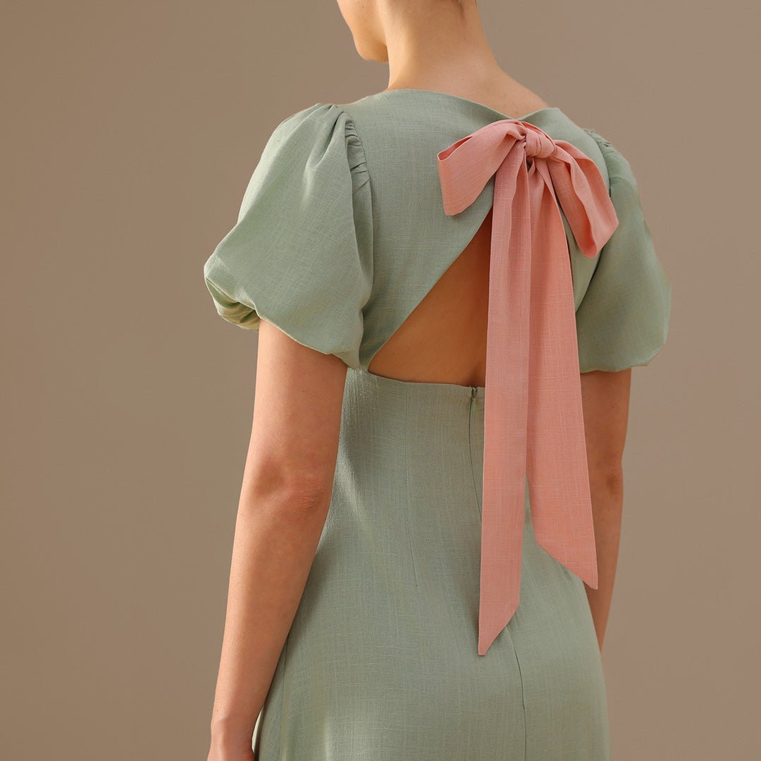 Linen Mint Green & Pink Boat Neck Midi Dress with Puff Sleeves and Back Bow - shopaleena