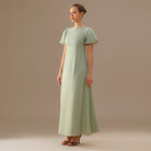 Linen Mint Green & Pink Boat Neck Midi Dress with Puff Sleeves and Back Bow - shopaleena