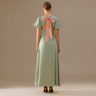 Linen Mint Green & Pink Boat Neck Midi Dress with Puff Sleeves and Back Bow - shopaleena