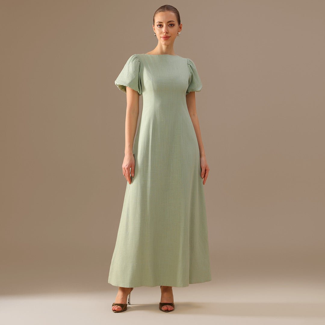 Linen Mint Green & Pink Boat Neck Midi Dress with Puff Sleeves and Back Bow - shopaleena