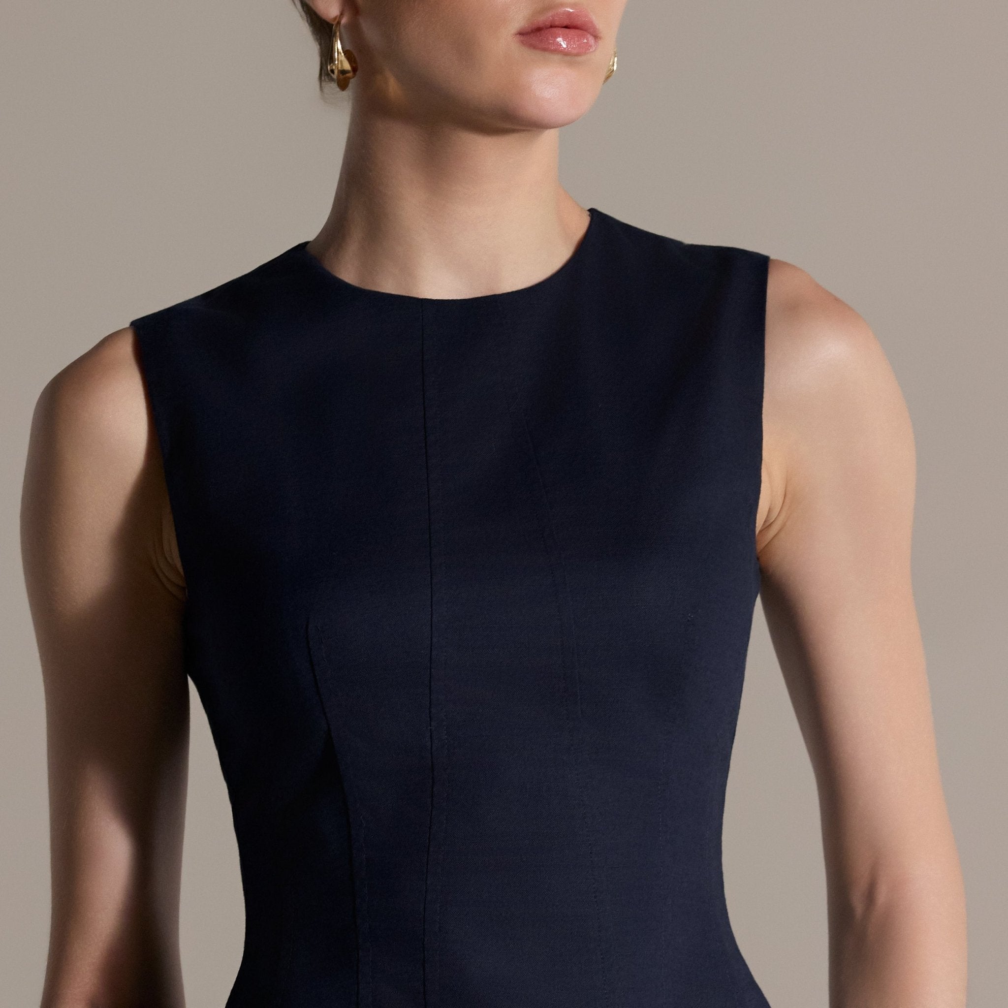 Linen Navy Sleeveless Round Neck Top - shopaleena