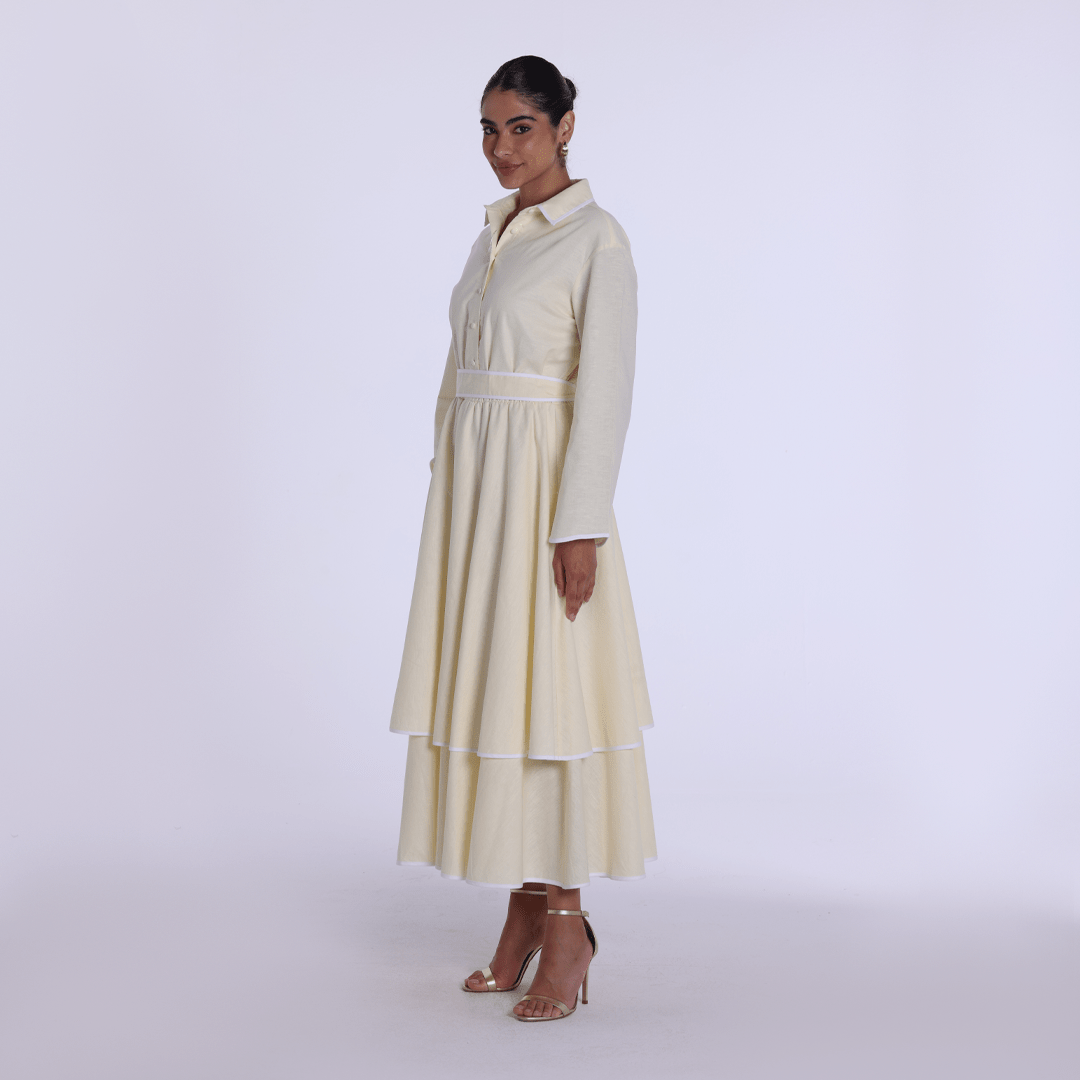 Linen Piping Long Sleeve Dress - shopaleena