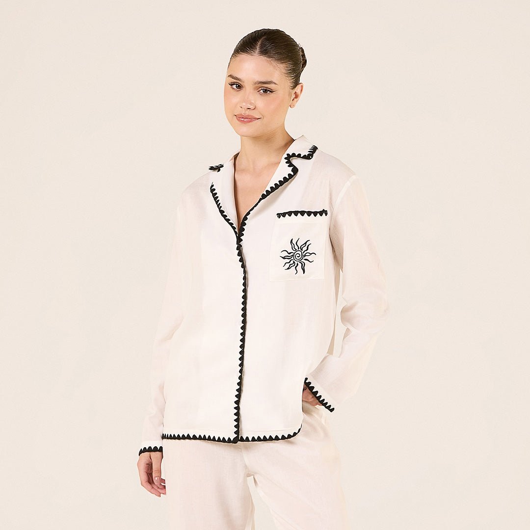 Linen Stitch Trim Long Sleeve Shirt - shopaleena