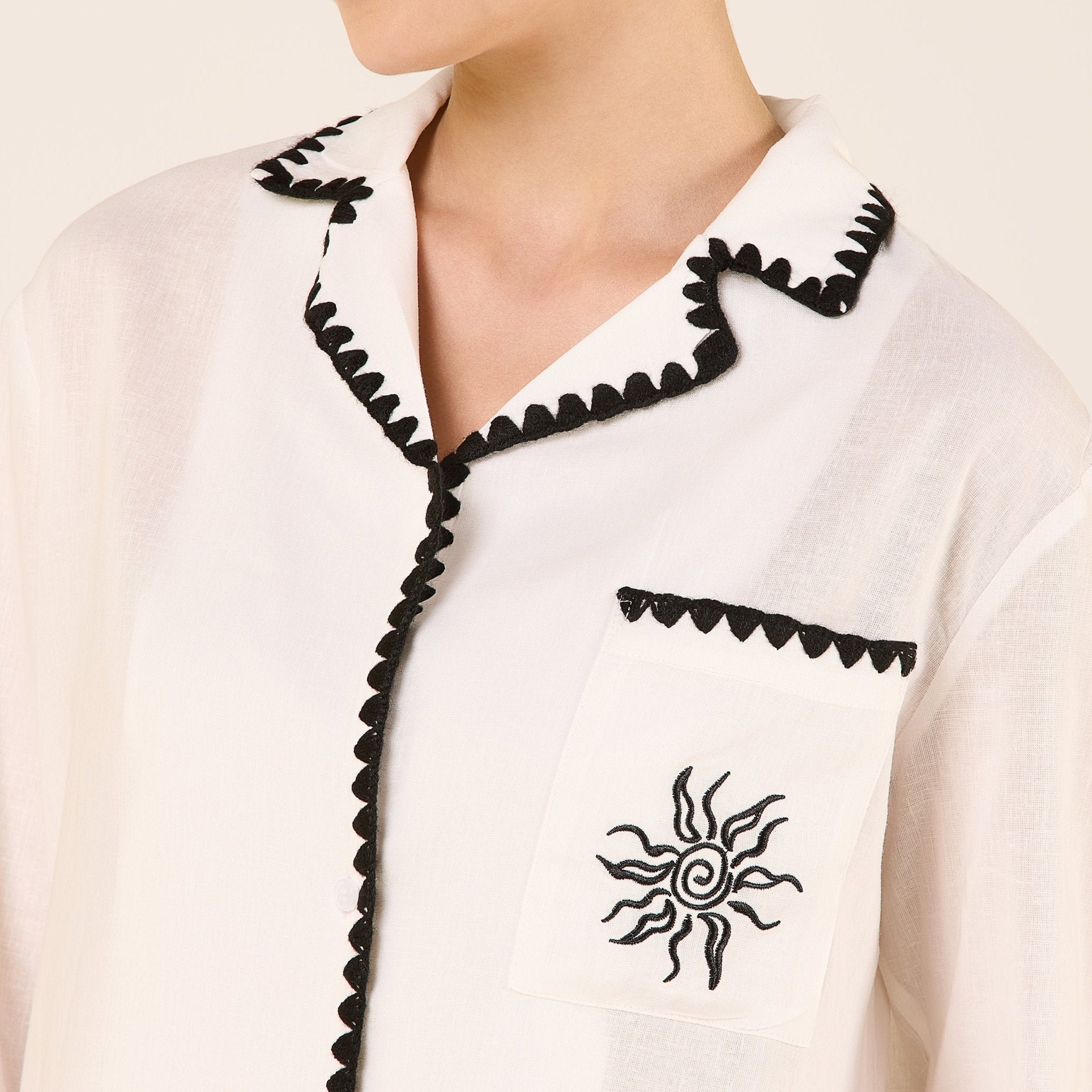 Linen Stitch Trim Long Sleeve Shirt - shopaleena