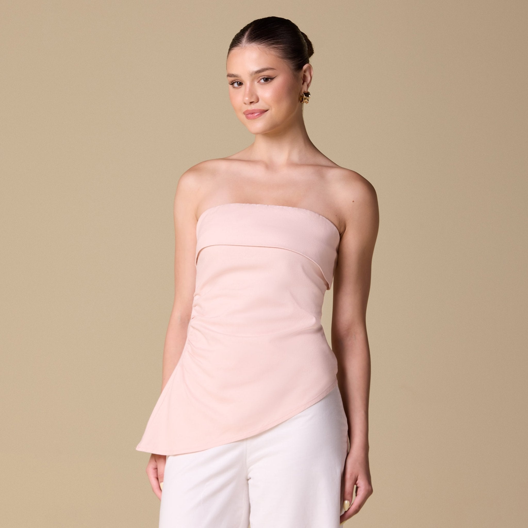 Linen Turn - Down Neckline Top with Side Gathering - shopaleena