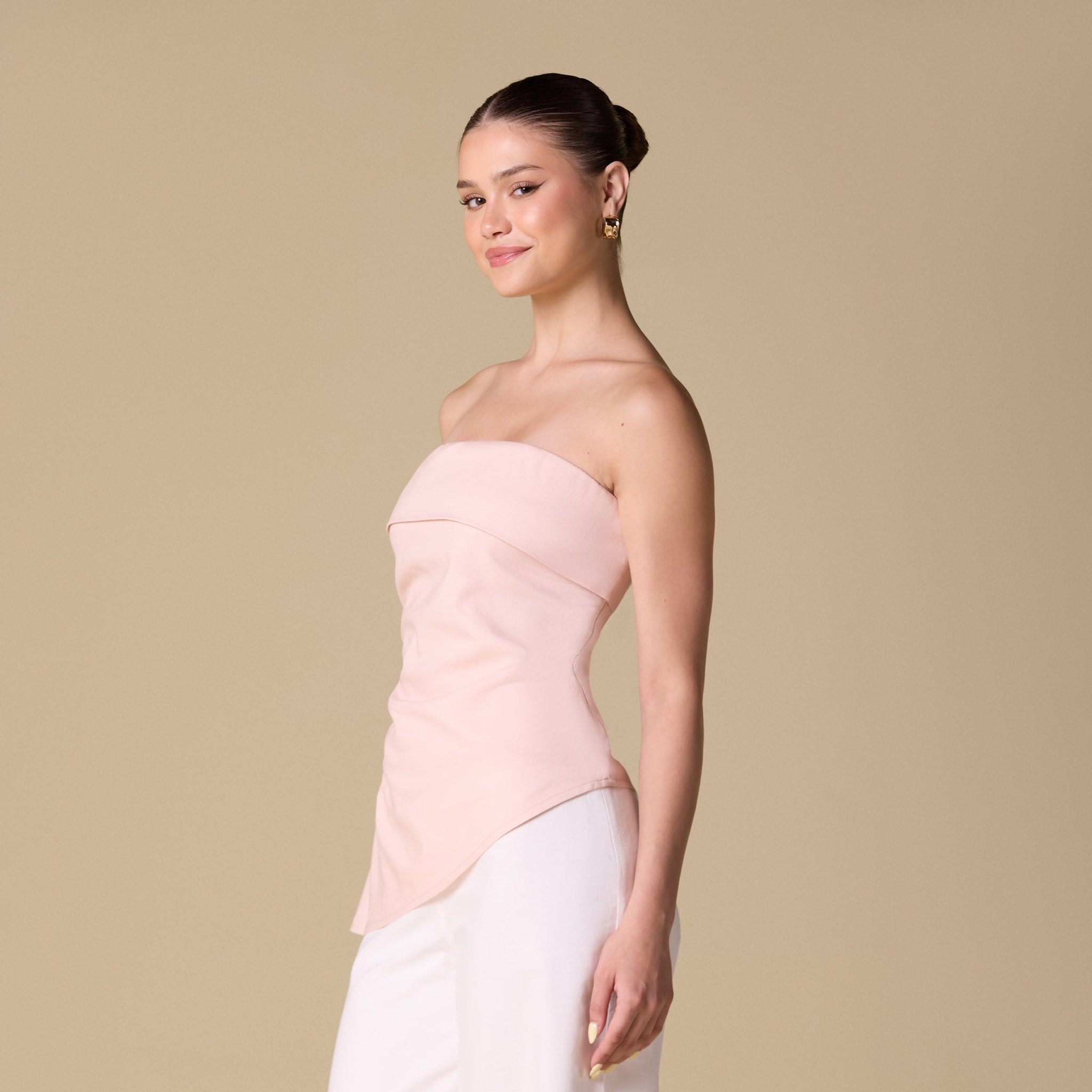 Linen Turn - Down Neckline Top with Side Gathering - shopaleena