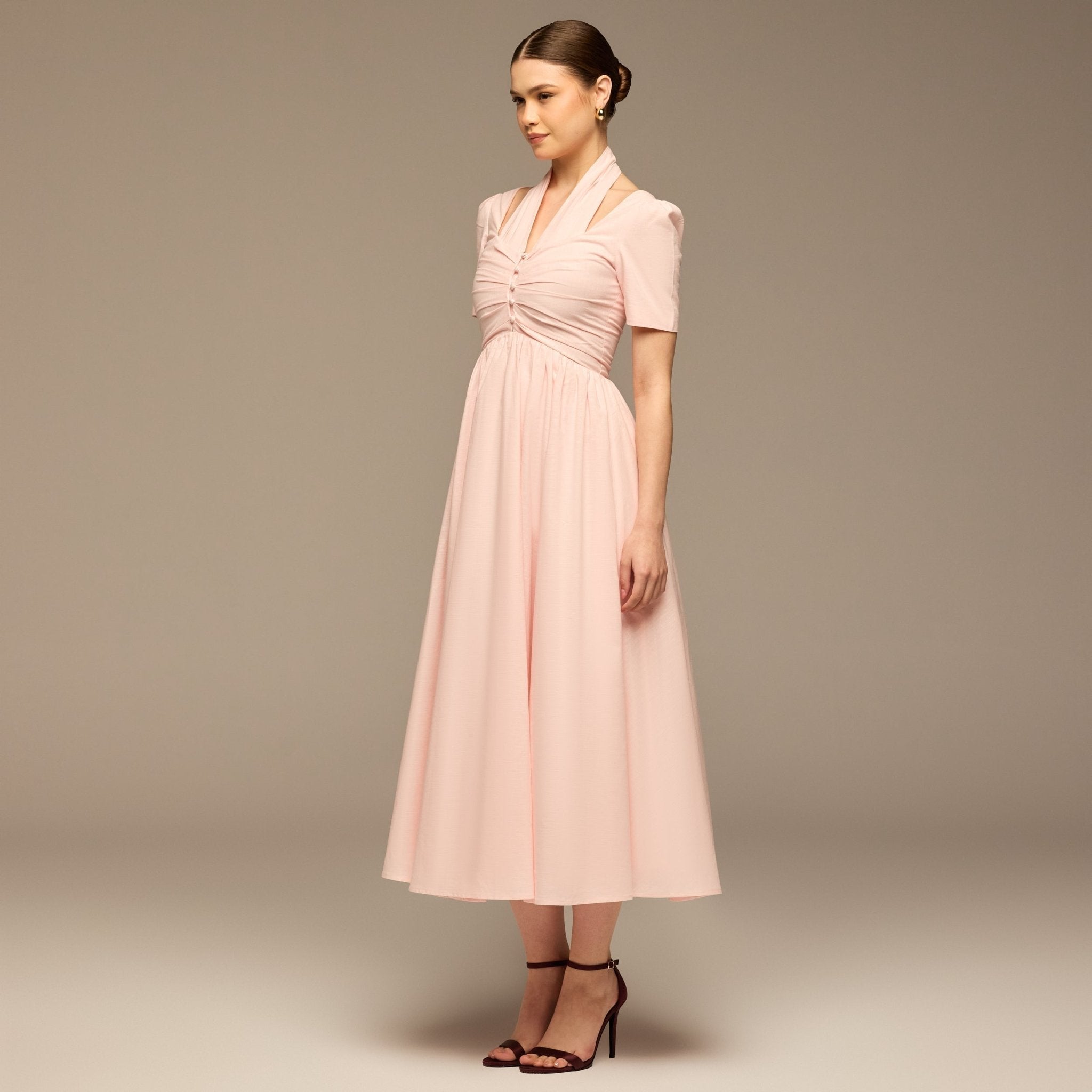 linen V-Neck Button-Front Dress - shopaleena
