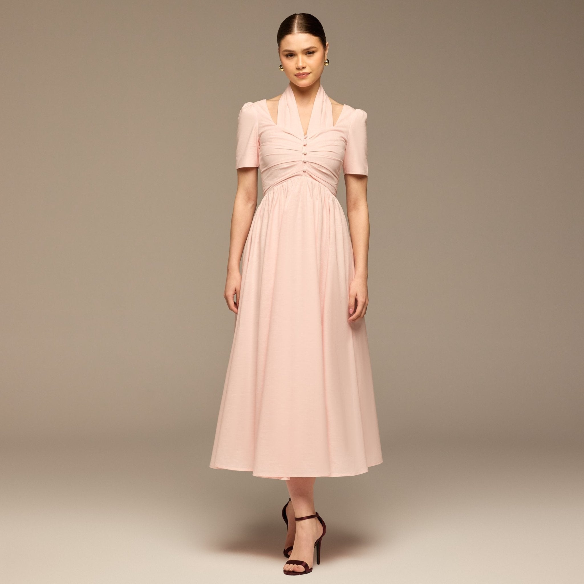 linen V-Neck Button-Front Dress - shopaleena