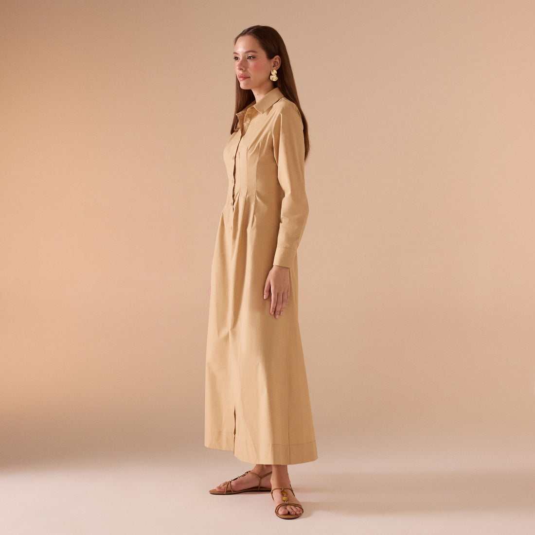 Long Sleeve A - line Maxi Poplin Dress - shopaleena