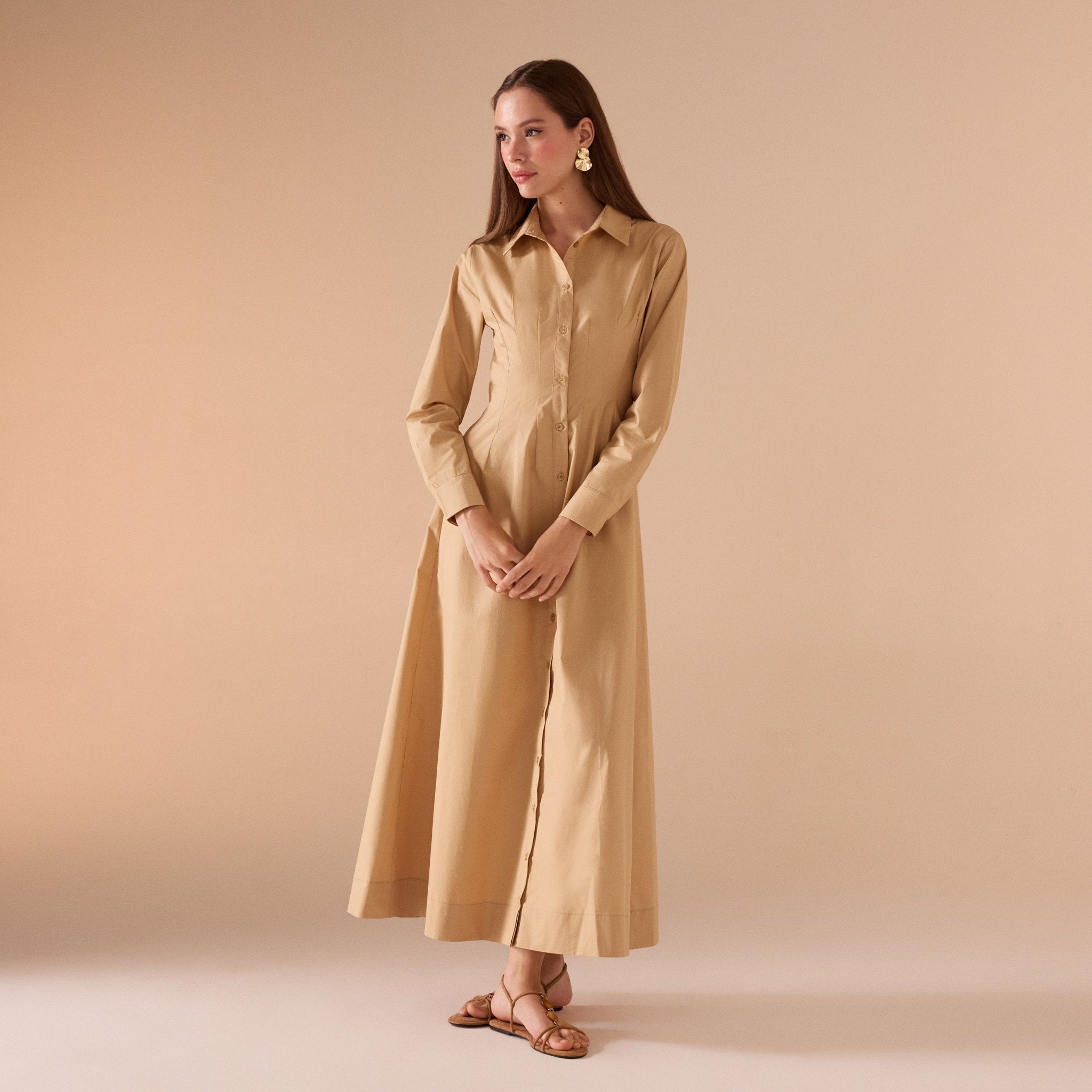 Long Sleeve A - line Maxi Poplin Dress - shopaleena