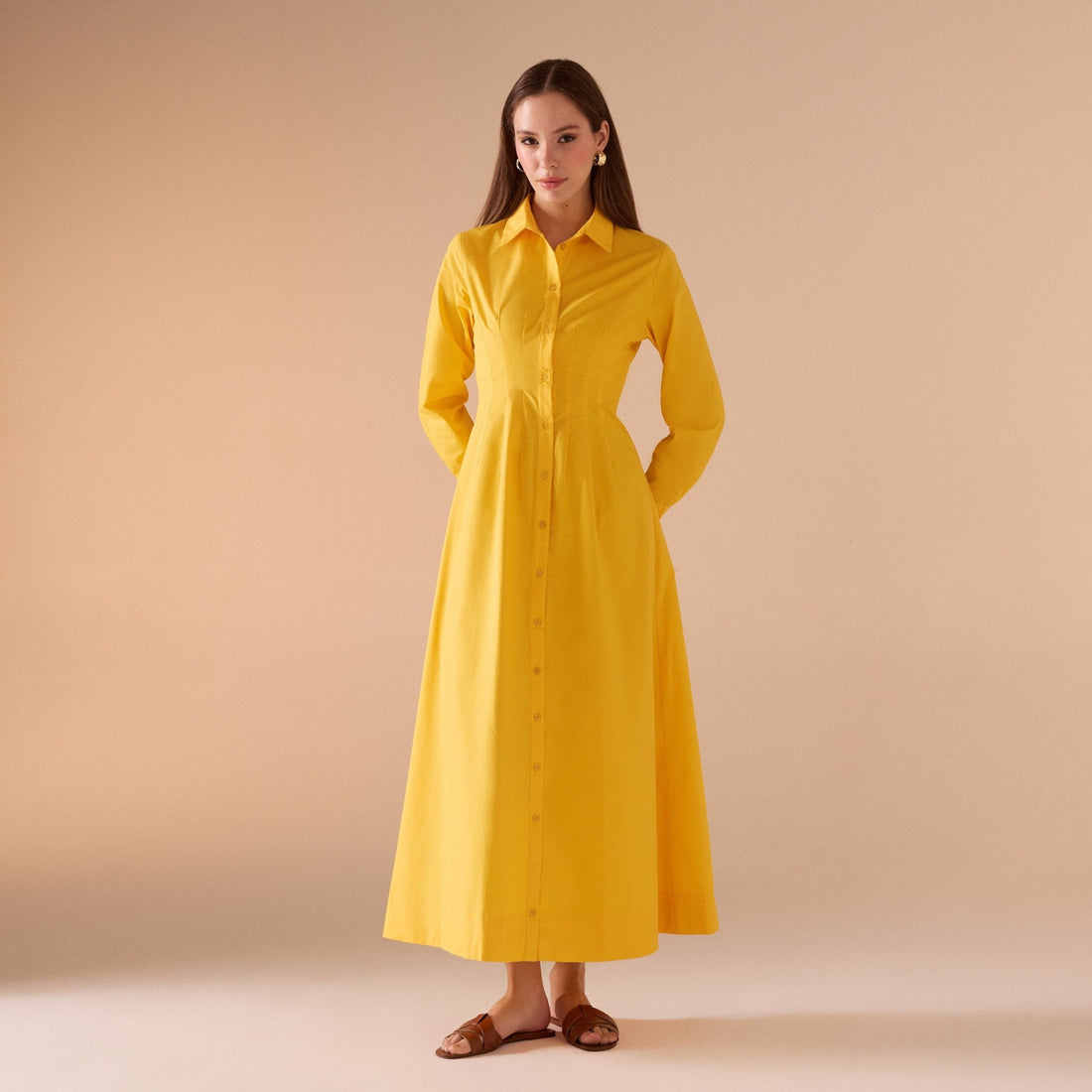 Long Sleeve A - line Maxi Poplin Dress - shopaleena