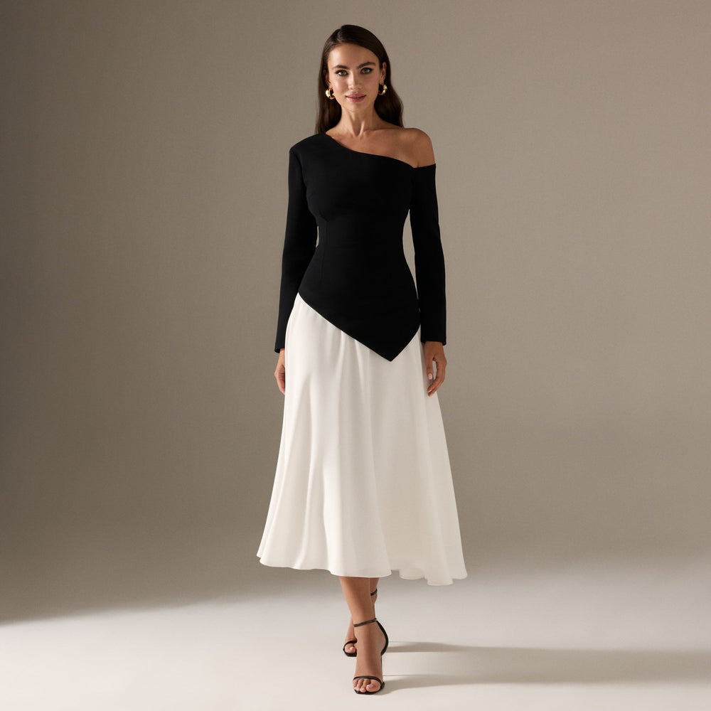 Long Sleeve A-line Midi Crepe Dress shopaleena Long Sleeve A-line Midi Crepe Dress shopaleena