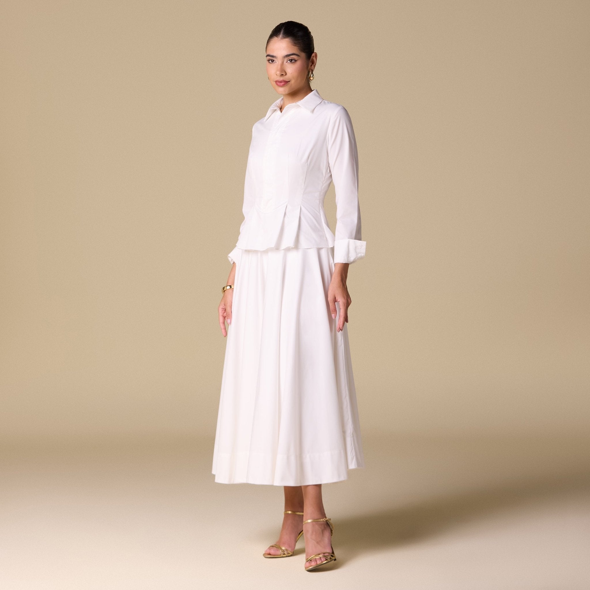 Long Sleeve A - Line Midi Dress with Shirt Collar - shopaleena