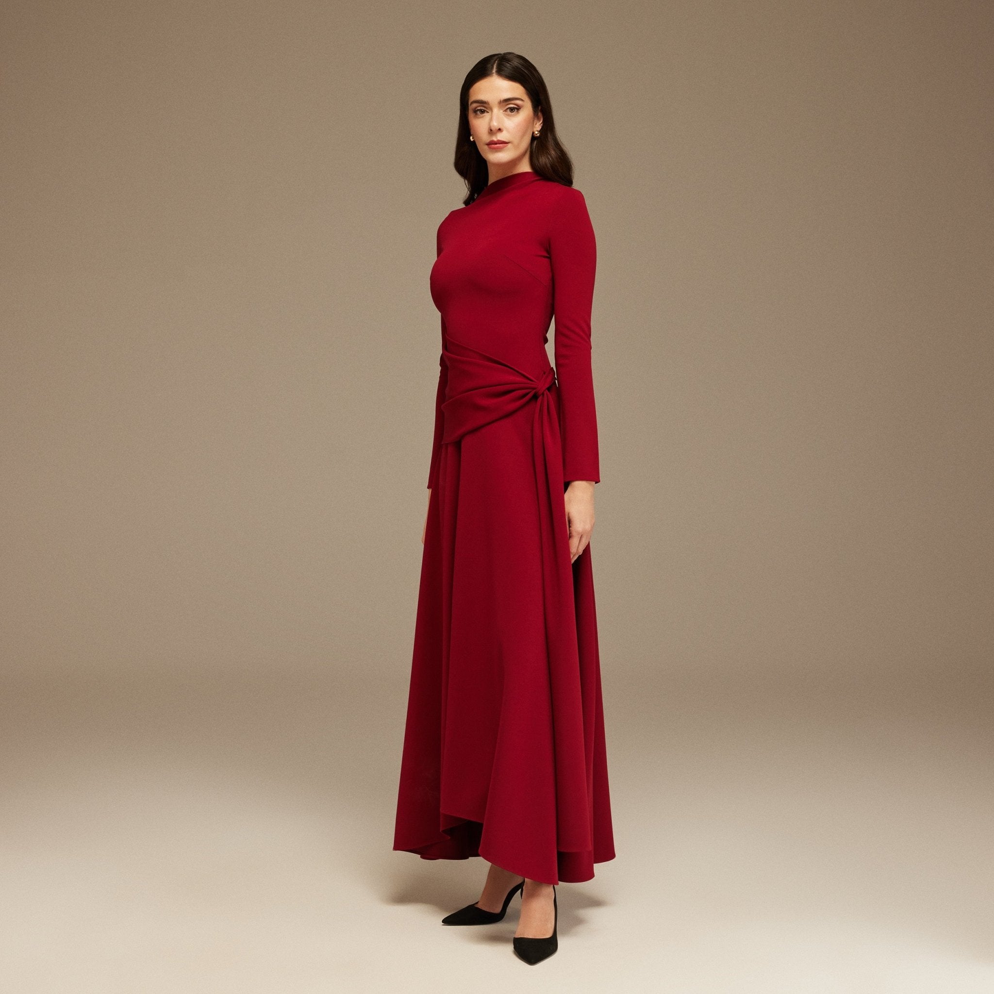 Long - Sleeve Draped Maxi Dress With Asymmetric Hem - shopaleena