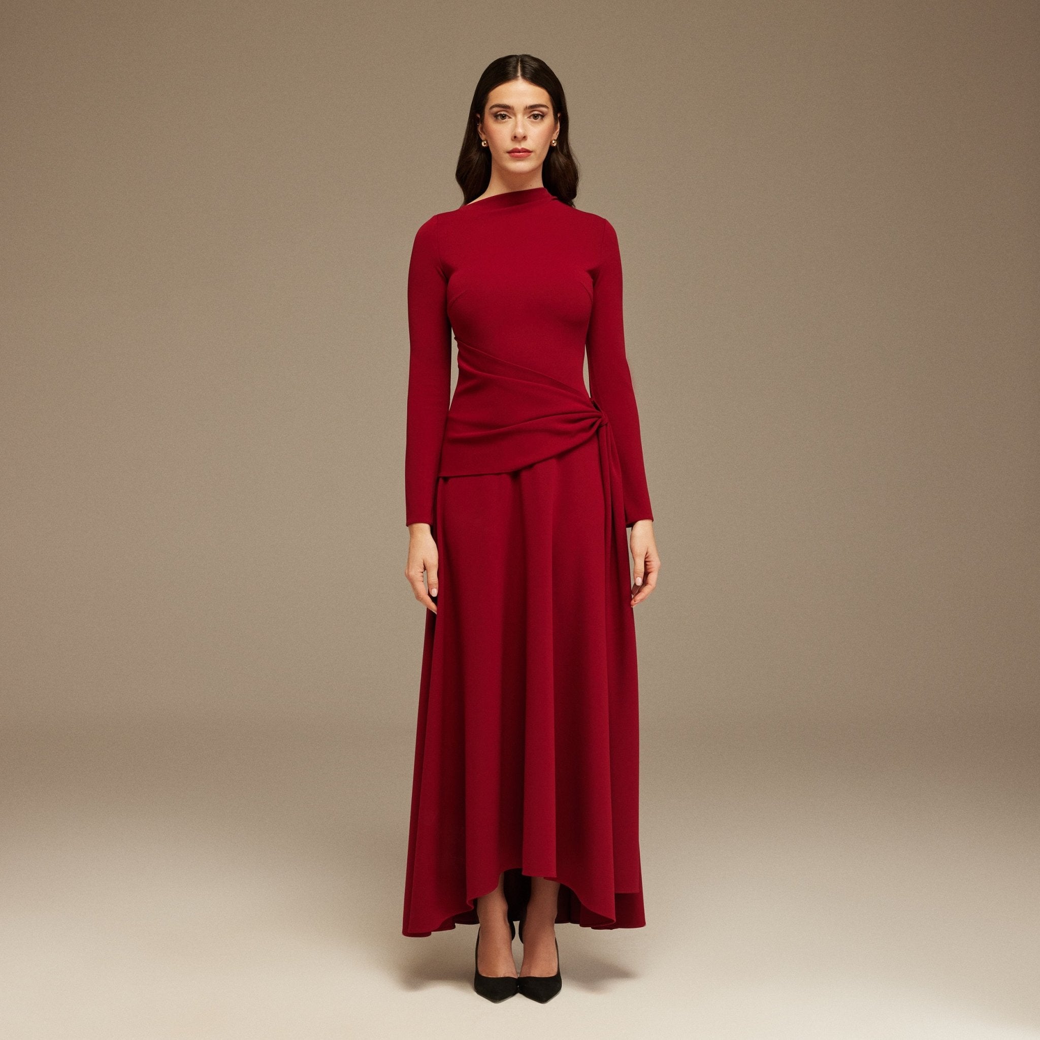 Long - Sleeve Draped Maxi Dress With Asymmetric Hem - shopaleena