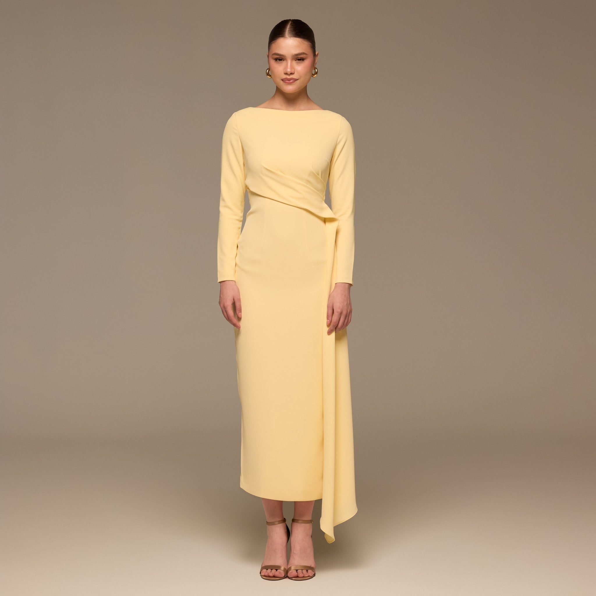 Long Sleeve Draped Midi Dress - shopaleena