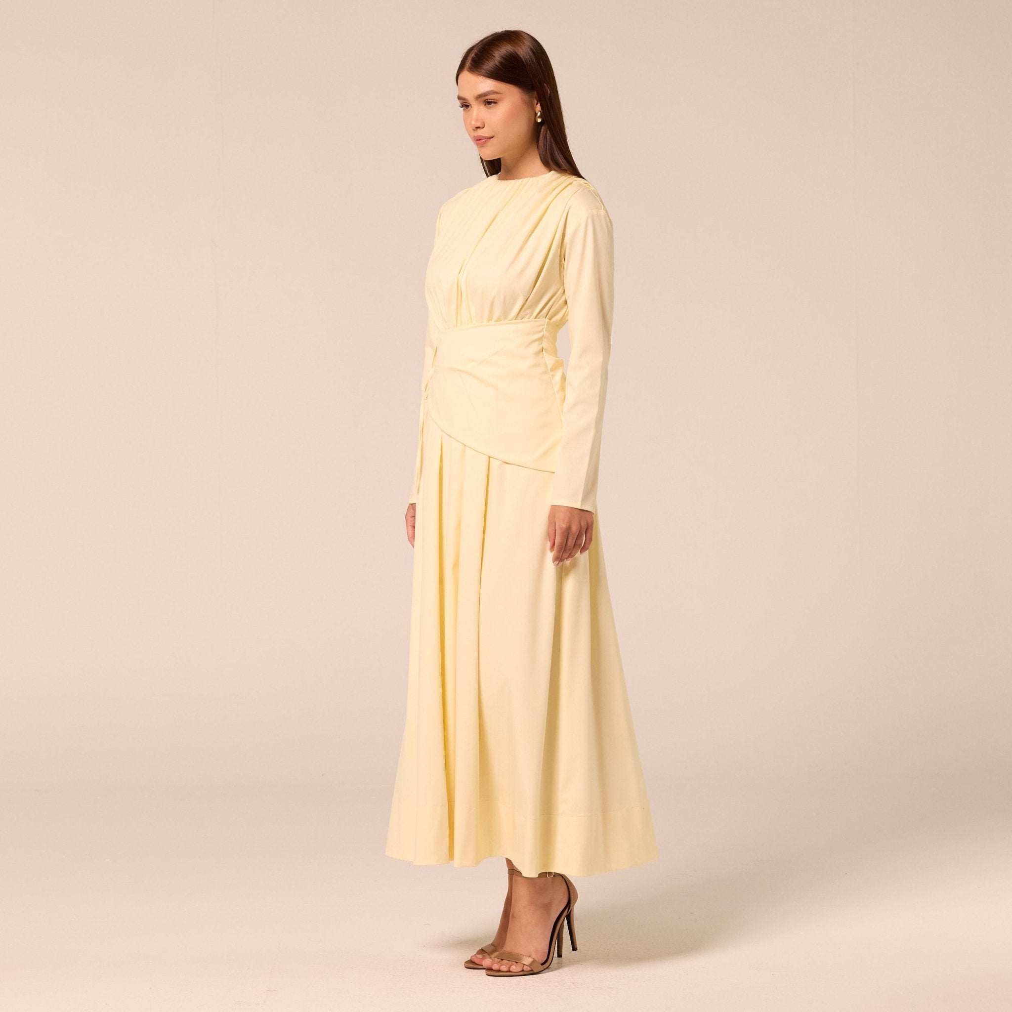 Long Sleeve Gathered Maxi Dress - shopaleena