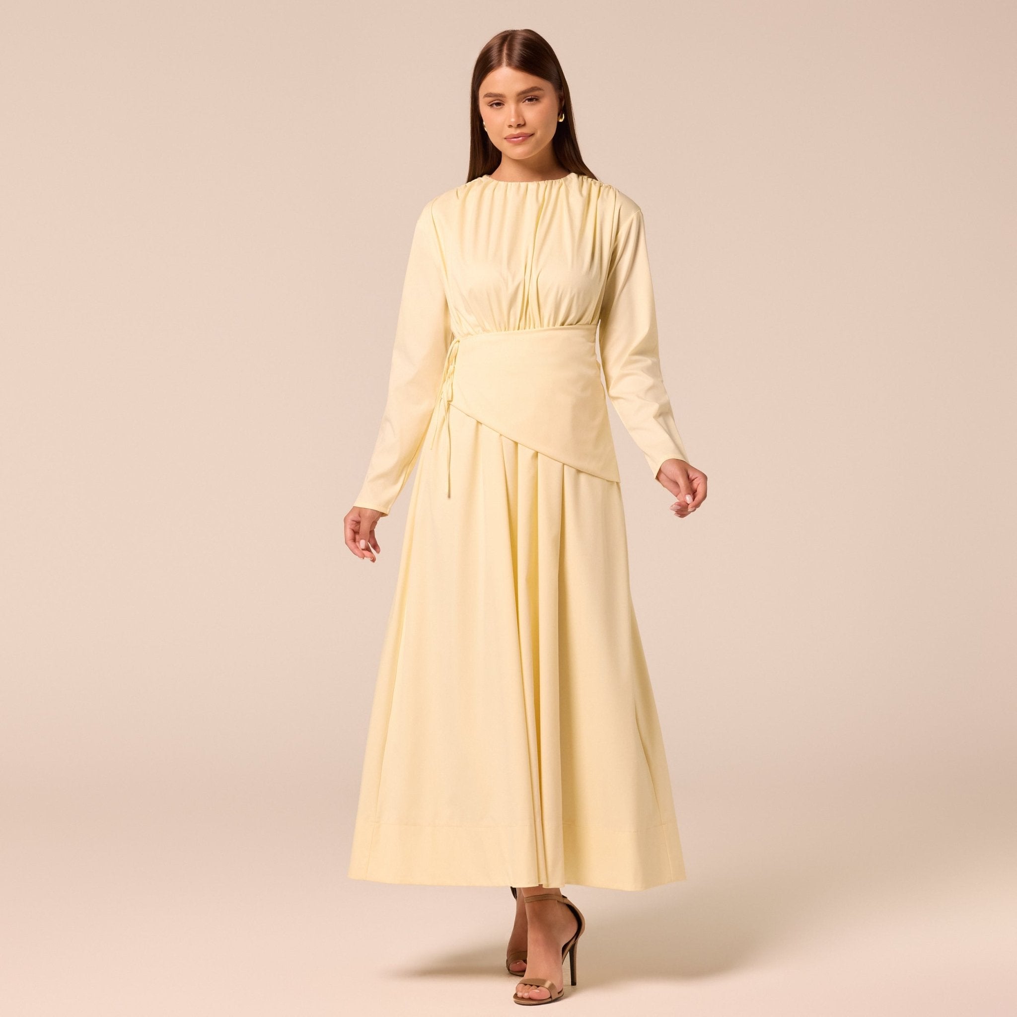 Long Sleeve Gathered Maxi Dress - shopaleena
